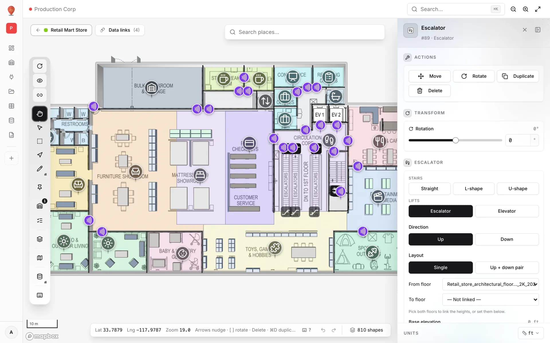 Retail Mart Store in the editor with an escalator selected; the side panel shows Straight, L-shape and U-shape stairs, Escalator and Elevator, Direction Up or Down, Layout Single or Up + down pair, and From floor and To floor pickers