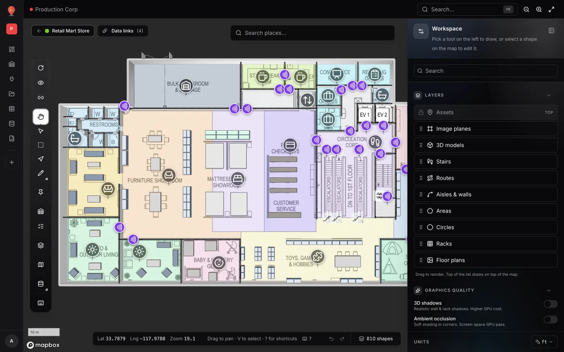 Retail Mart Store in the editor: departments drawn as coloured areas with walls, an escalator core, two lifts labelled EV 1 and EV 2, RFID reader and department markers, and the Layers list in the side panel