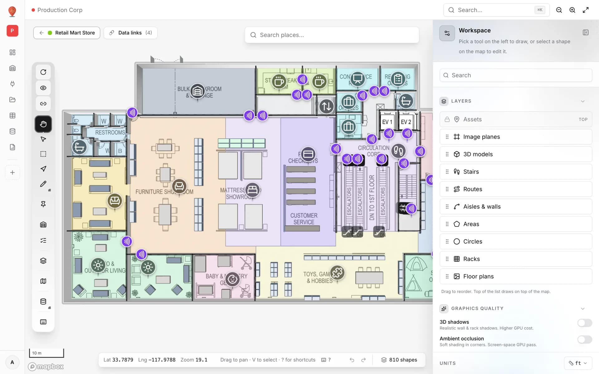 Retail Mart Store in the editor: departments drawn as coloured areas with walls, an escalator core, two lifts labelled EV 1 and EV 2, RFID reader and department markers, and the Layers list in the side panel