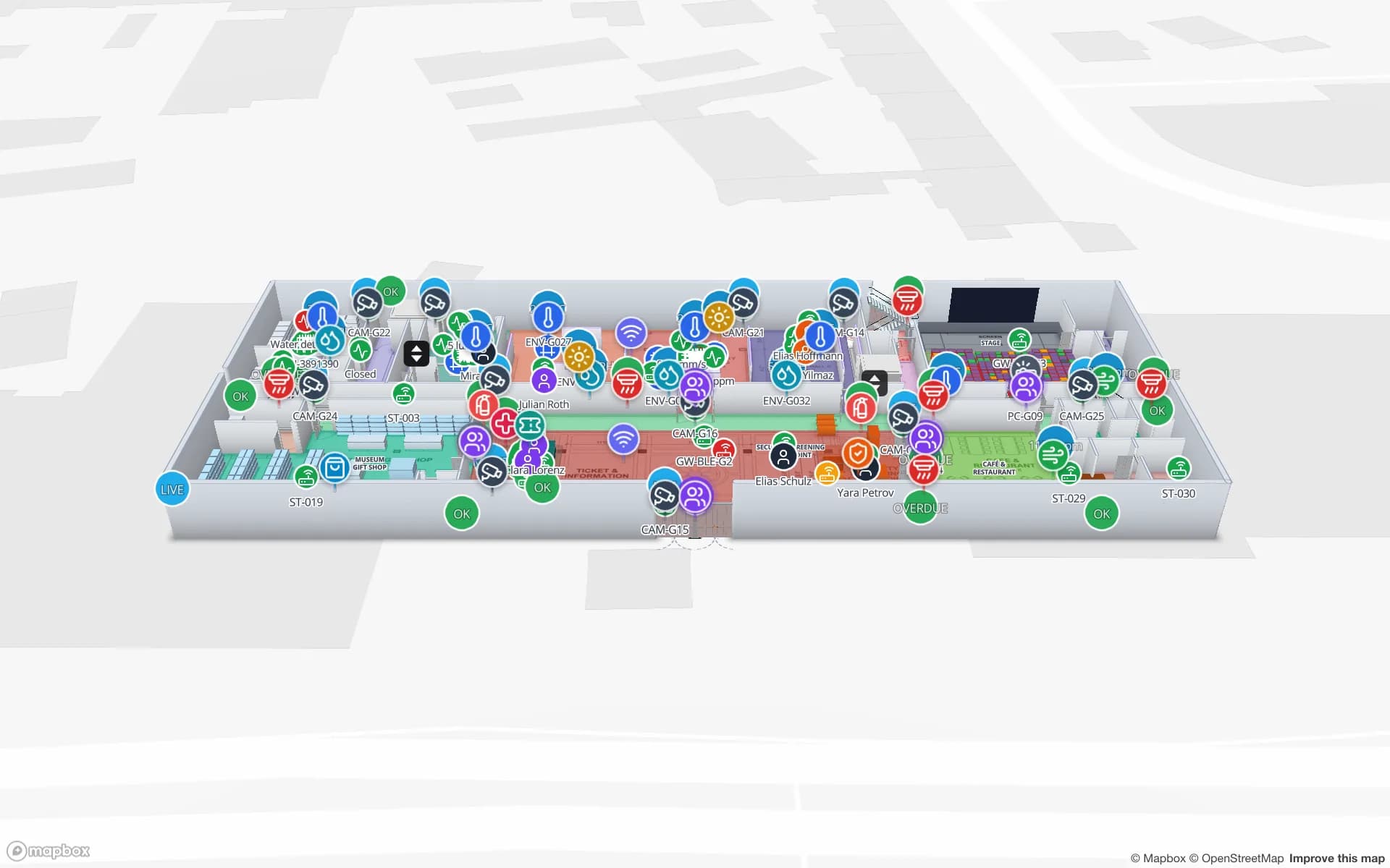 Production Museum in the Spatial Map 3D viewer: galleries and exhibits on three floors with live visitor, climate, camera and staff markers