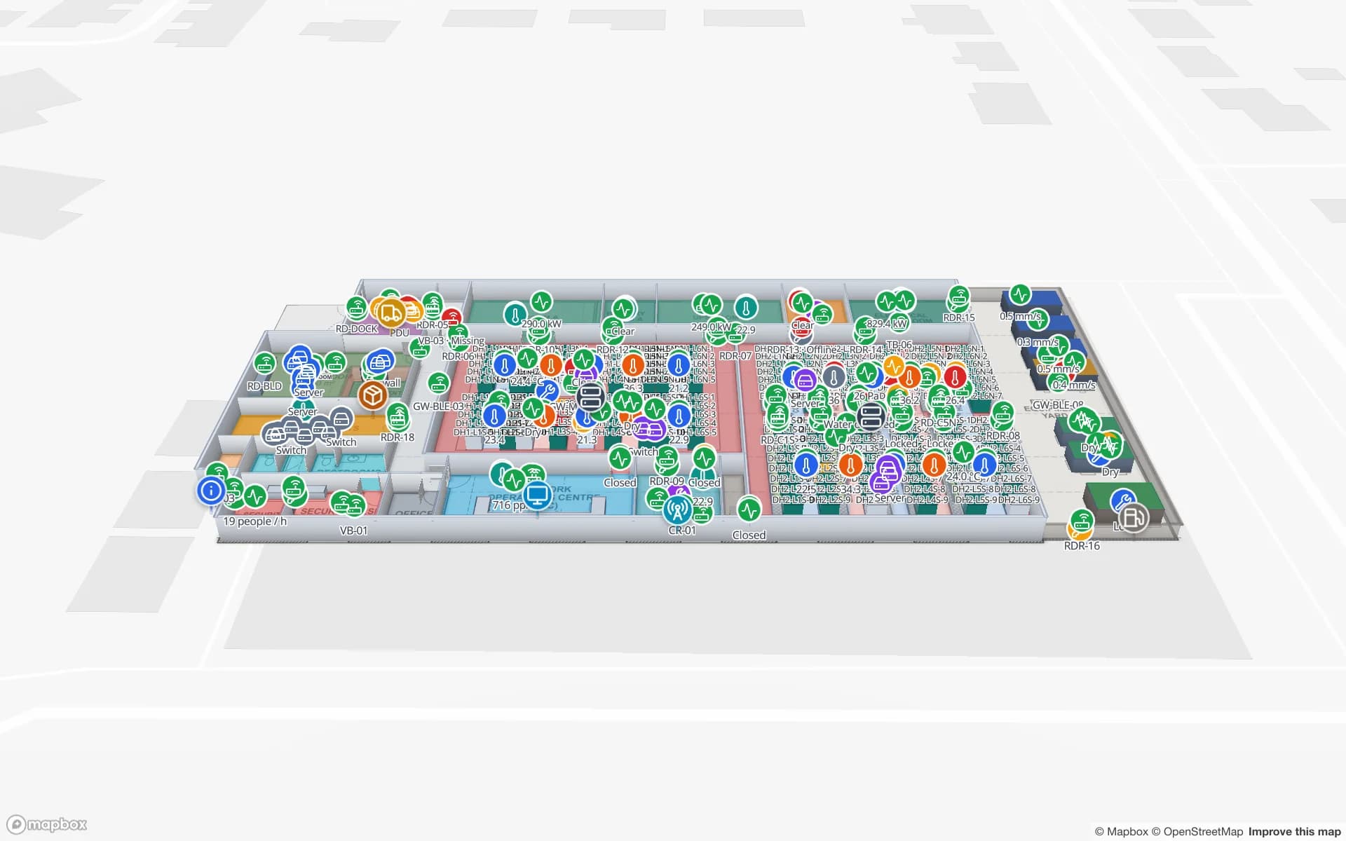 Ridgeline Data Center in the Spatial Map 3D viewer: data halls with rows of cabinets, plant rooms and live sensor and asset markers