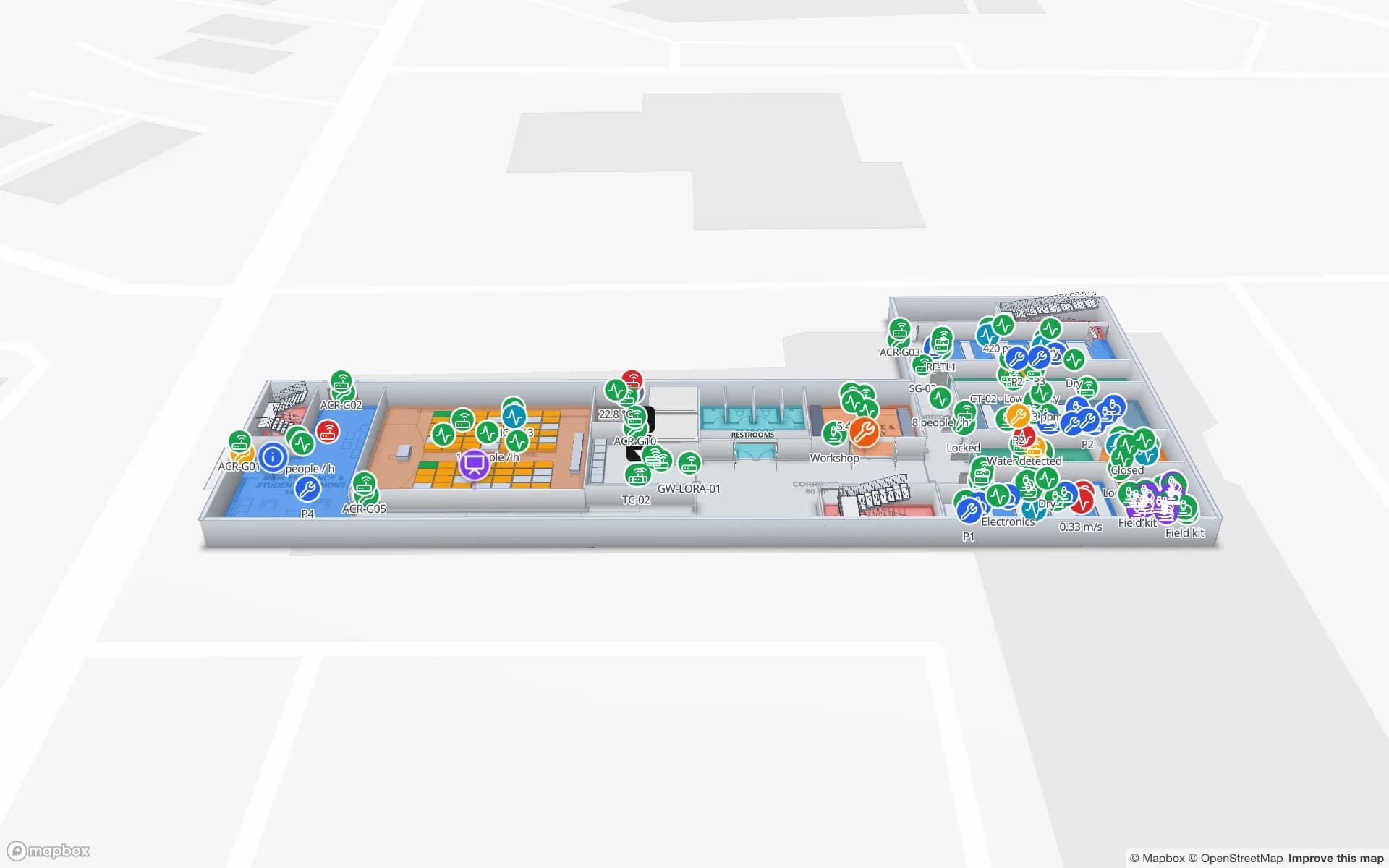 Westbrook University Science Building in the Spatial Map 3D viewer: labs and teaching rooms with live environment, equipment and access markers