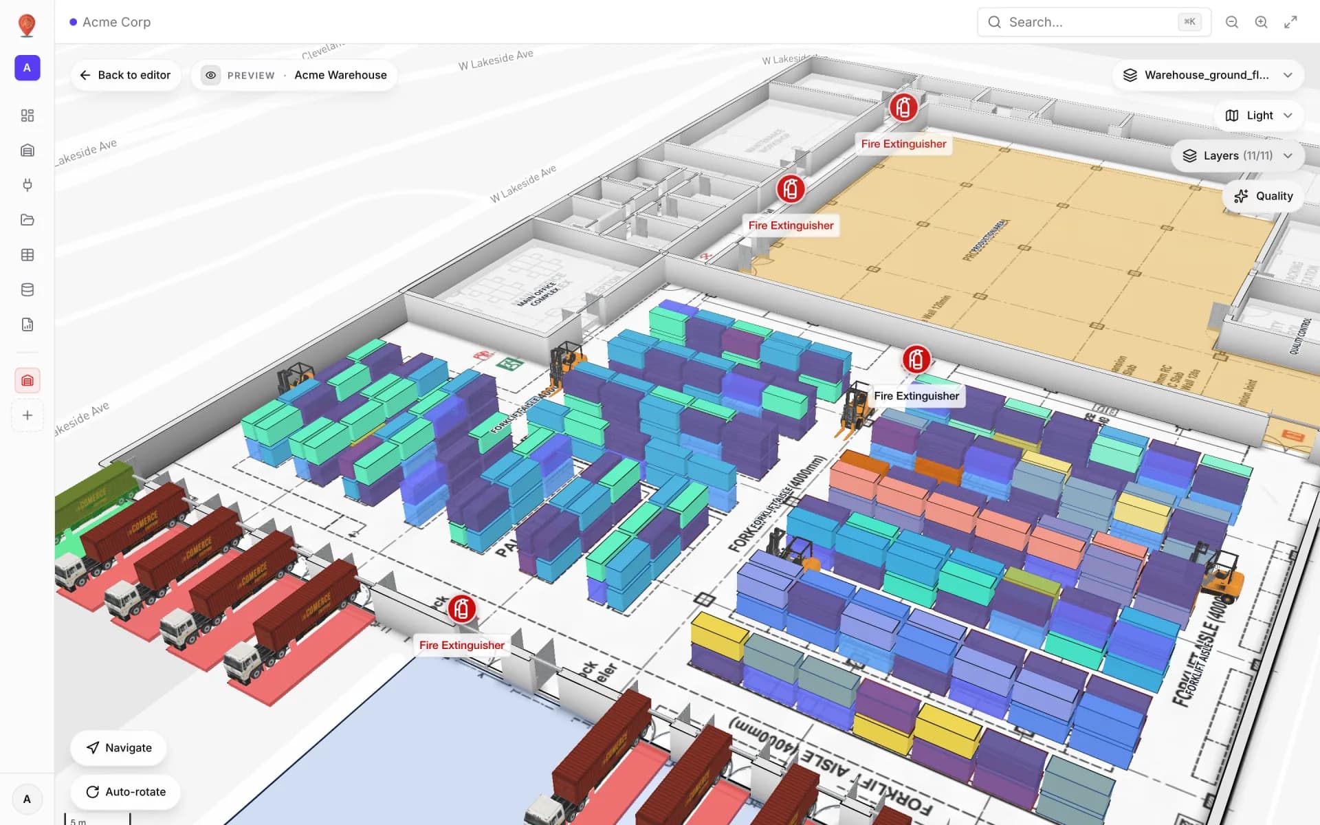 Acme Warehouse in 3D Preview: rows of rack bins tinted in different colours by status, forklifts in the aisles, trucks at the dock doors and fire-extinguisher markers