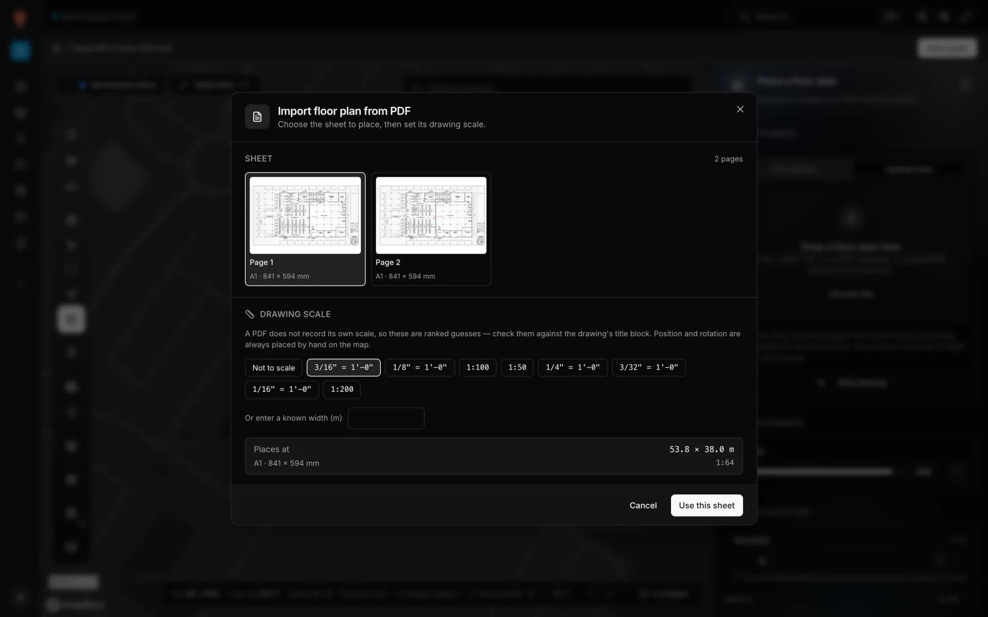 Import floor plan from PDF dialog: two A1 sheets to choose from, ranked drawing-scale guesses with 3/16" = 1′-0″ selected, a box for a known width, and Places at 53.8 × 38.0 m above the Use this sheet button