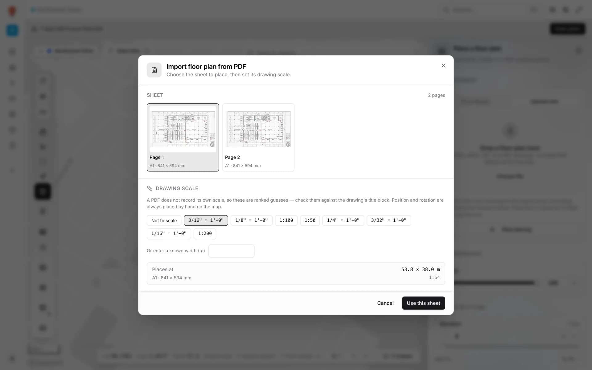 Import floor plan from PDF dialog: two A1 sheets to choose from, ranked drawing-scale guesses with 3/16" = 1′-0″ selected, a box for a known width, and Places at 53.8 × 38.0 m above the Use this sheet button