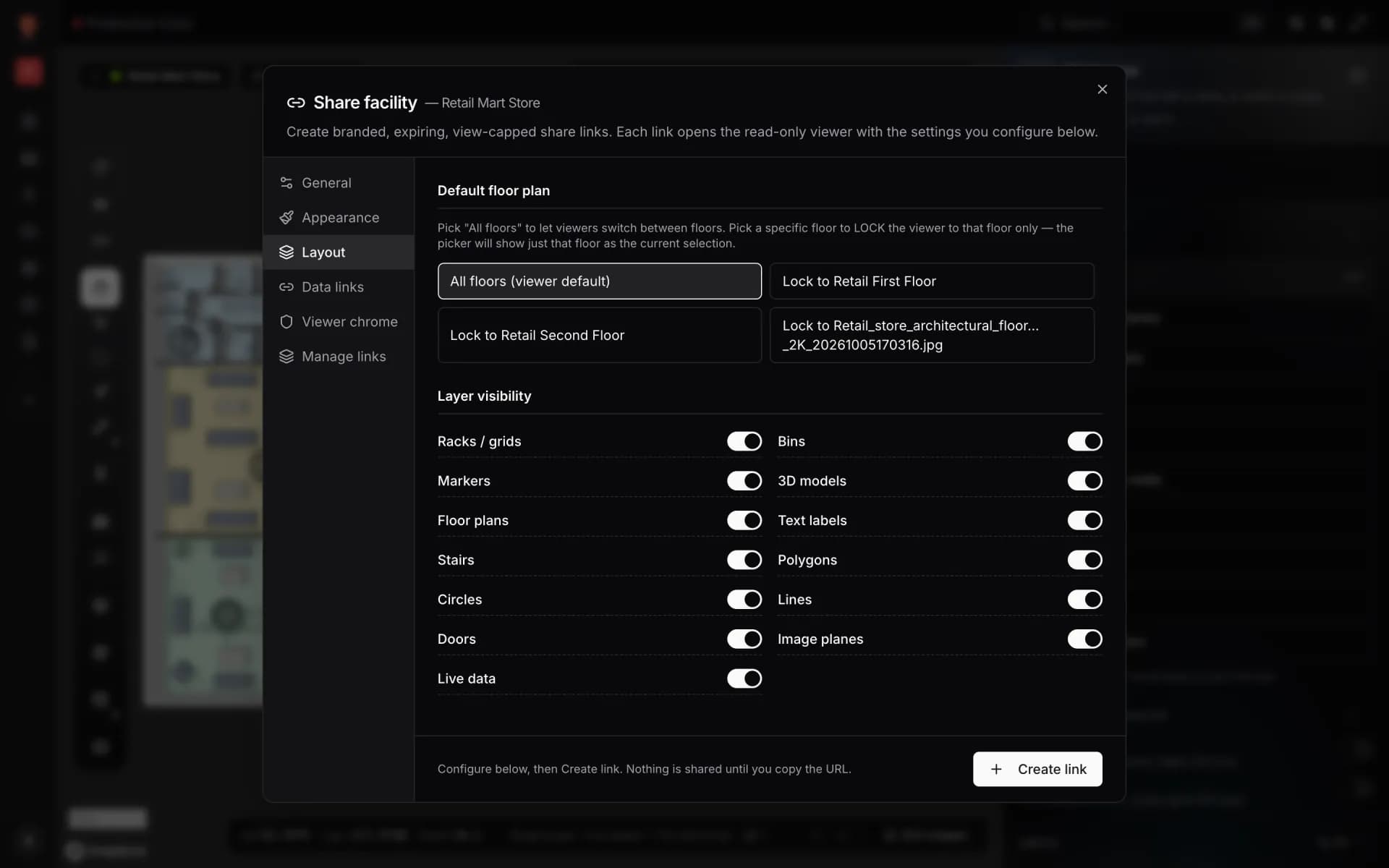Share facility dialog for Retail Mart Store on the Layout tab: Default floor plan set to All floors or locked to one floor, and Layer visibility switches for racks, bins, markers, 3D models, floor plans, live data and more, with tabs for General, Appearance, Data links, Viewer chrome and Manage links