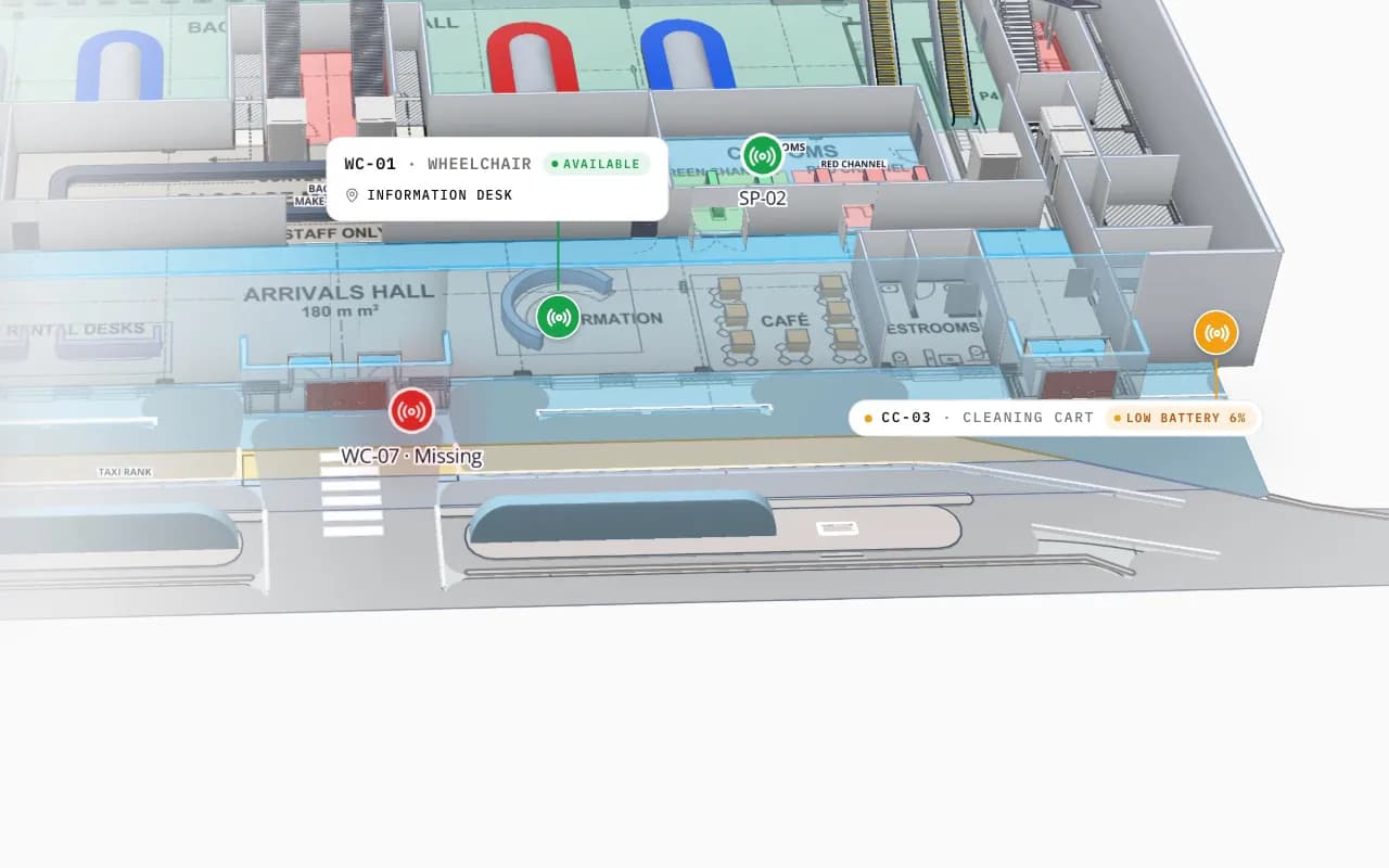 Silverbay Airport Terminal 2 in 3D: the view moves into the arrivals hall, where a loan wheelchair and other tagged equipment are marked on the floor plan
