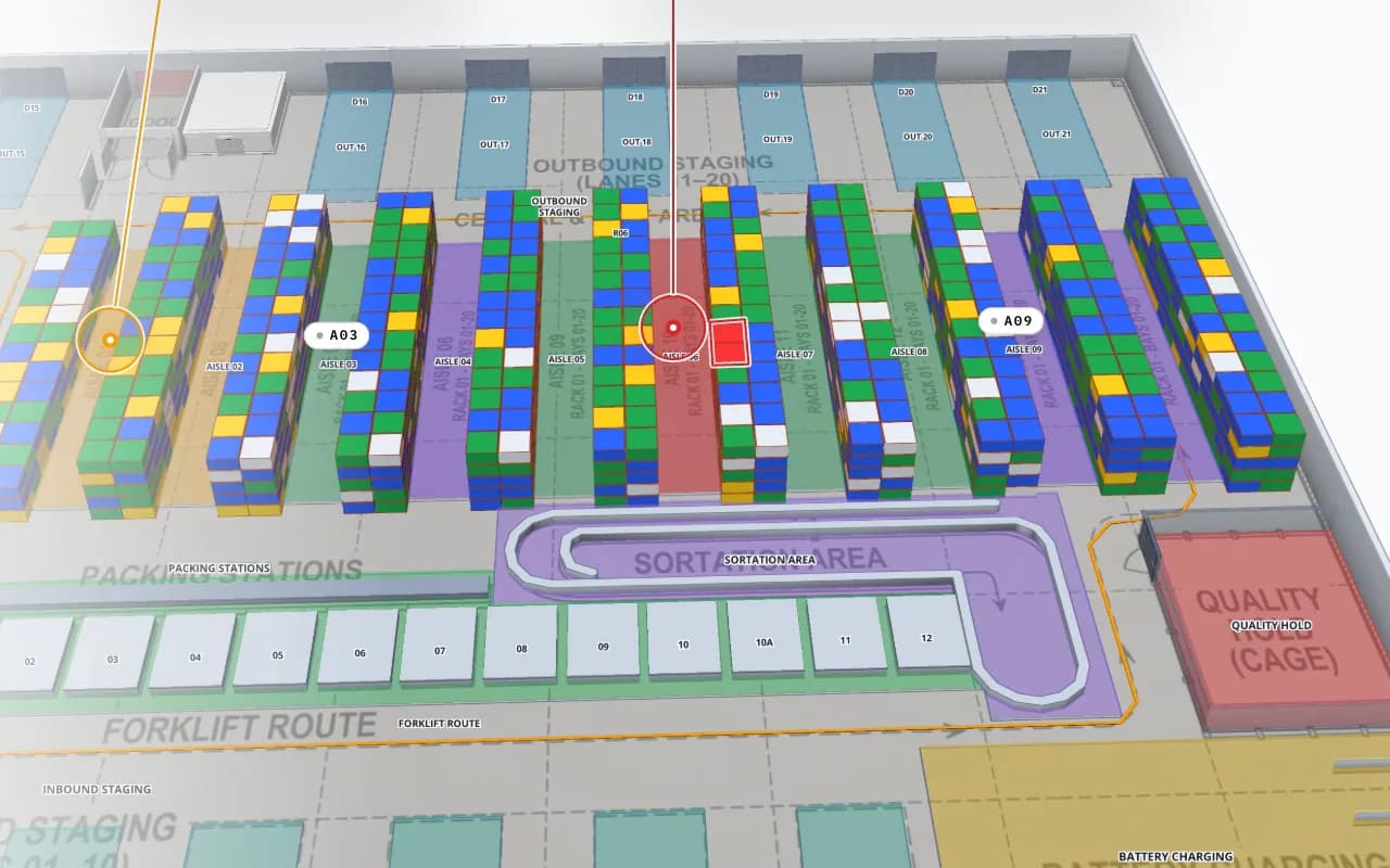 Crestline Fulfillment Center in 3D with every rack location coloured full, OK, low, empty or blocked, and a blocked location highlighted in red