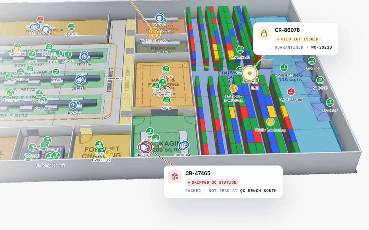 Summit Assembly Plant in 3D: RFID carriers moving between kitting, assembly lines and QC, with a held lot and a carrier that skipped QC called out