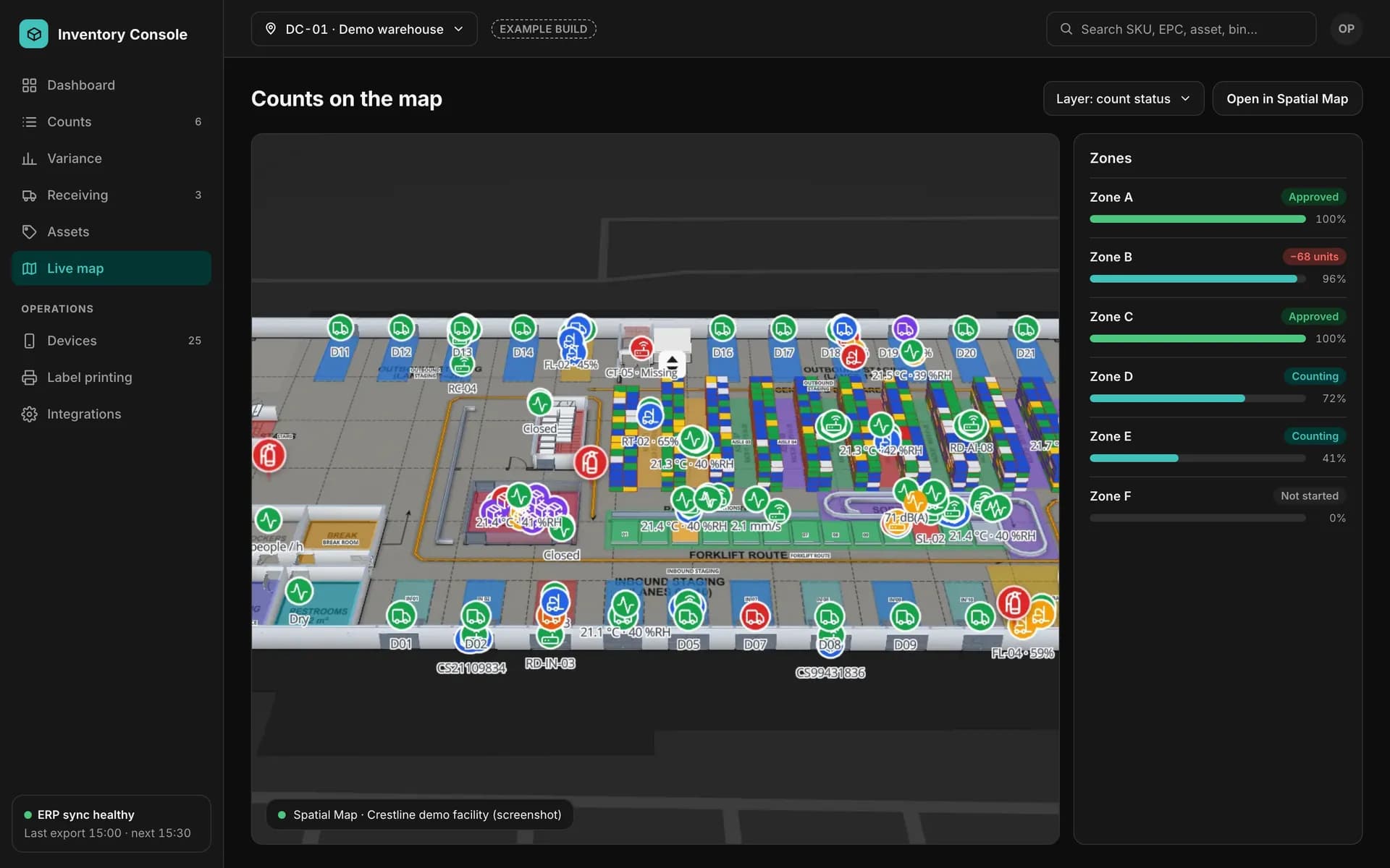 Example back office with count progress per zone next to a screenshot of the Crestline demo facility in Spatial Map.