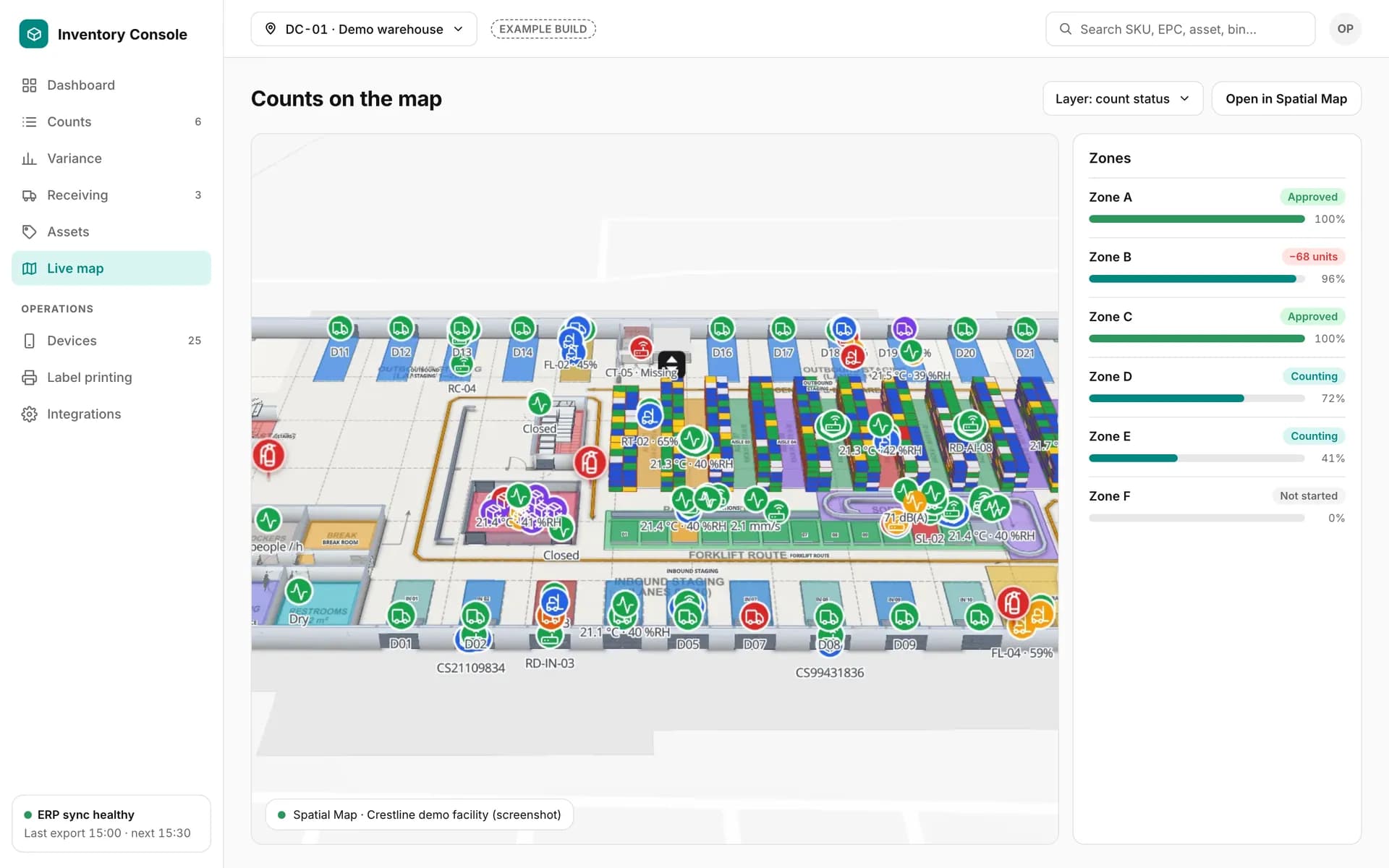 Example back office with count progress per zone next to a screenshot of the Crestline demo facility in Spatial Map.
