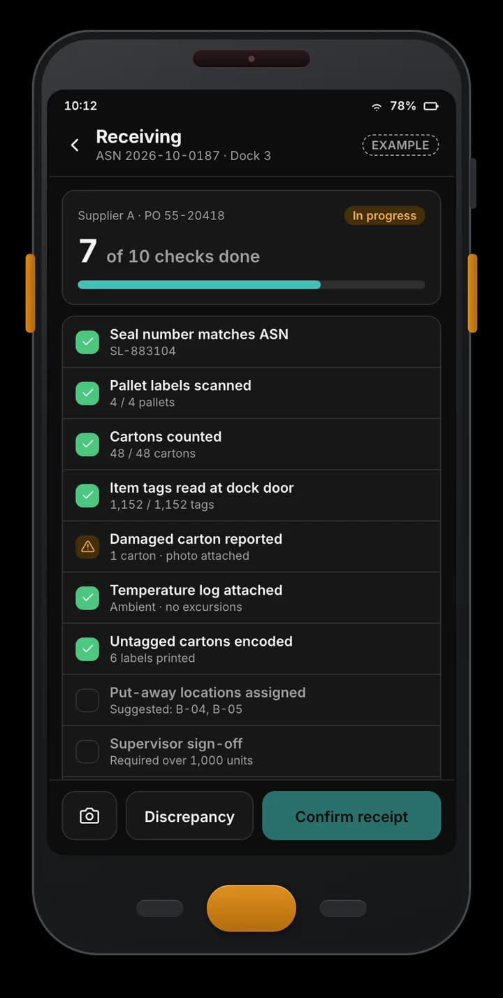 Example handheld receiving app: an ASN checklist at a dock door with seal, pallet labels, cartons, tag reads, a damaged carton and pending sign-off.