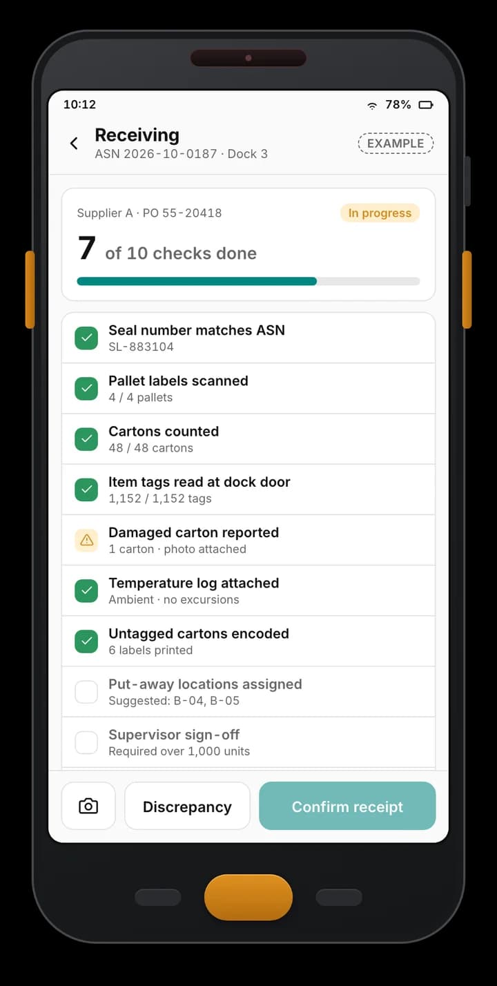Example handheld receiving app: an ASN checklist at a dock door with seal, pallet labels, cartons, tag reads, a damaged carton and pending sign-off.
