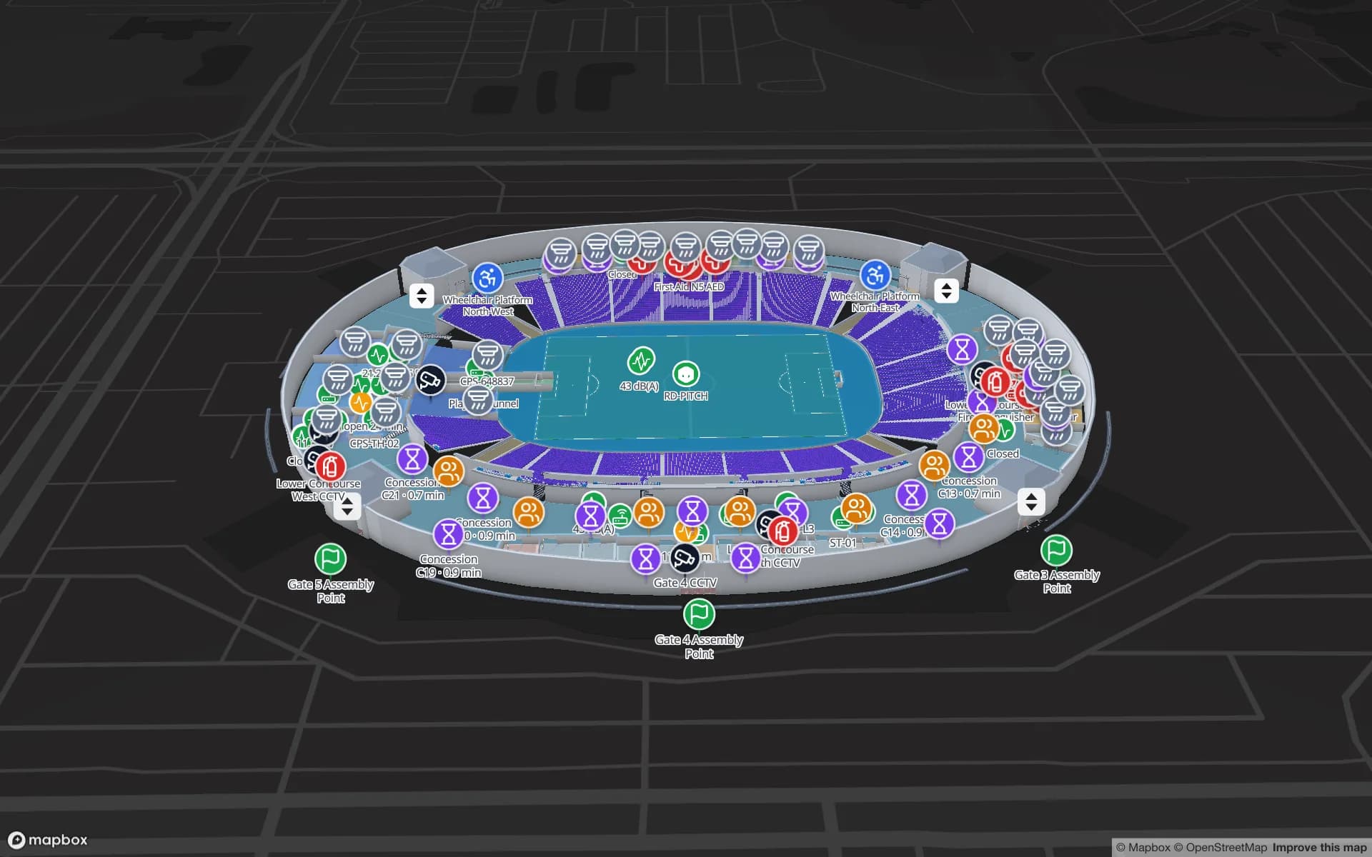 Crown Park Stadium, a stadium demo, in the Spatial Map 3D viewer with live device markers