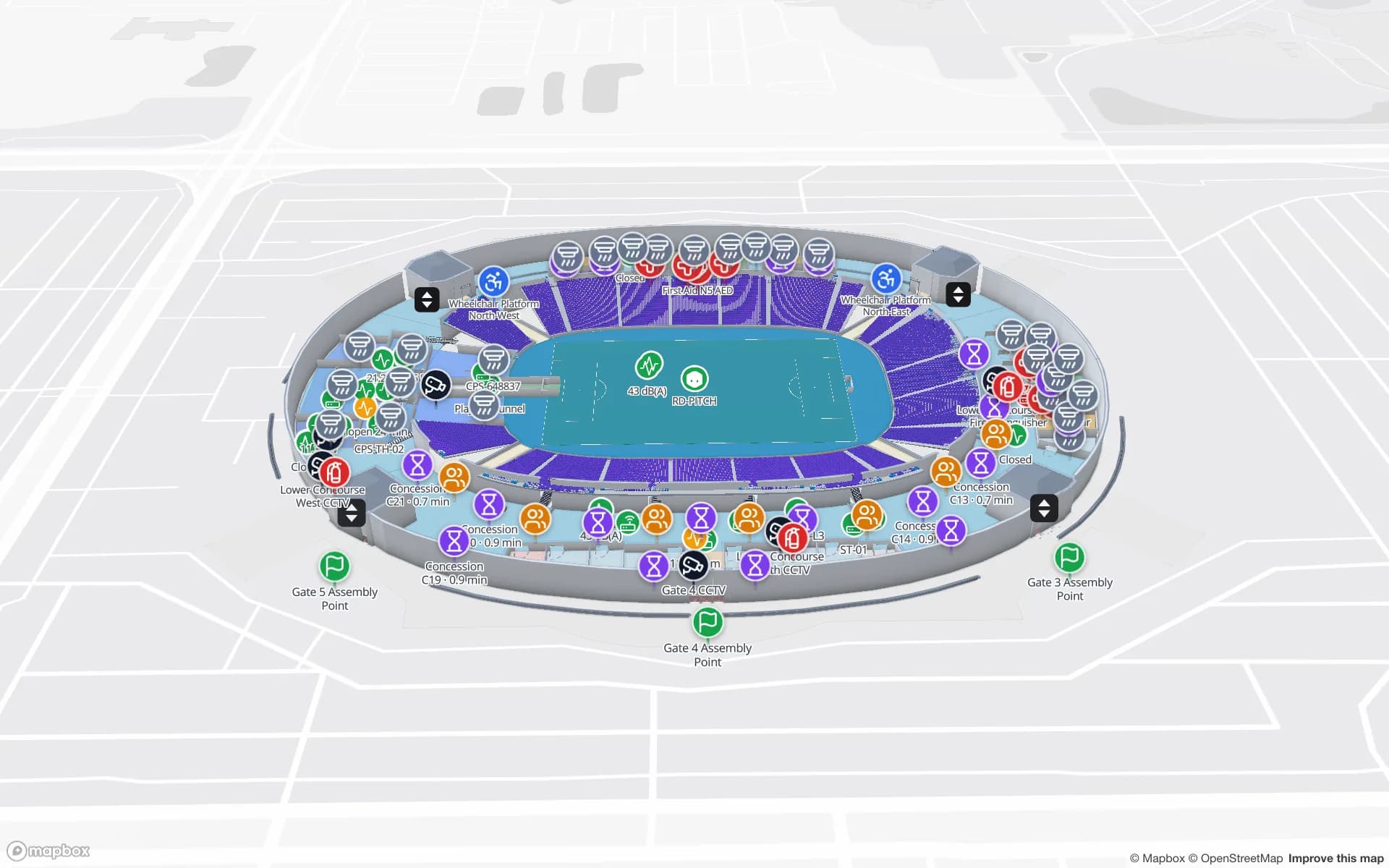 Crown Park Stadium, a stadium demo, in the Spatial Map 3D viewer with live device markers