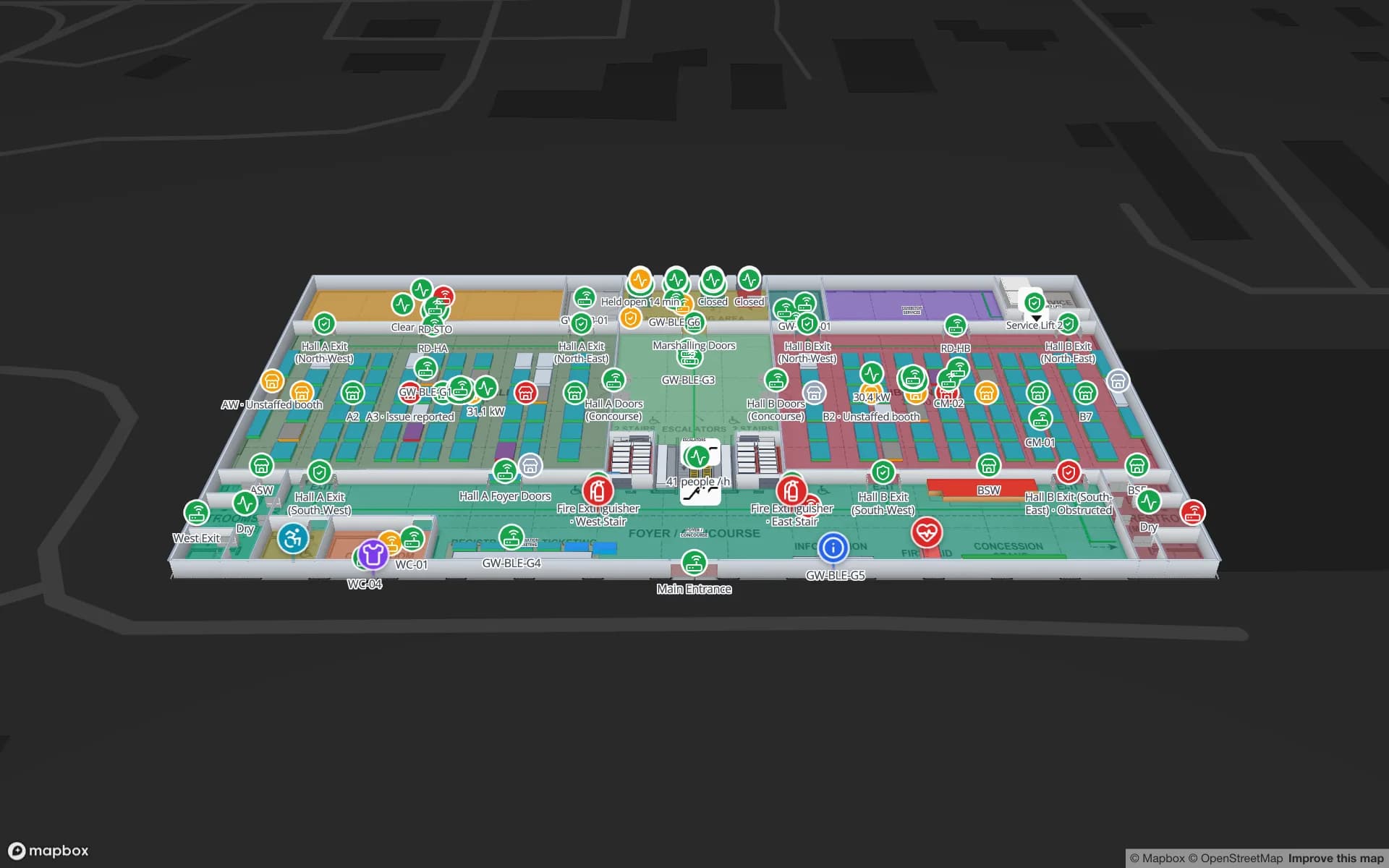 Lakeside Convention Center, a convention center demo, in the Spatial Map 3D viewer with live device markers