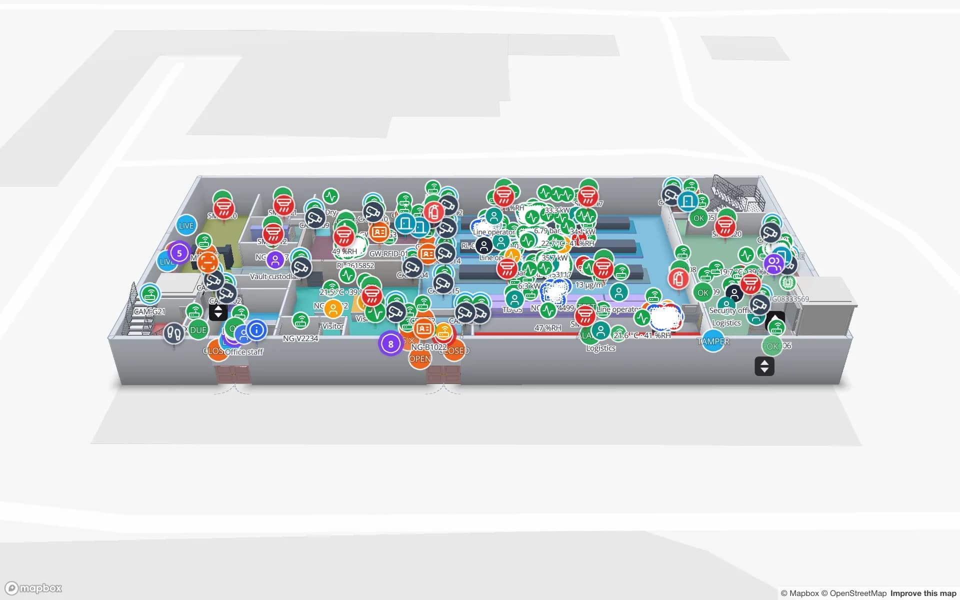 Northgate Electronics — Assembly & Secure Store (مصنع إلكترونيات ومخزن مؤمَّن) في عارض Spatial Map ثلاثي الأبعاد مع مؤشرات الأجهزة الحيّة