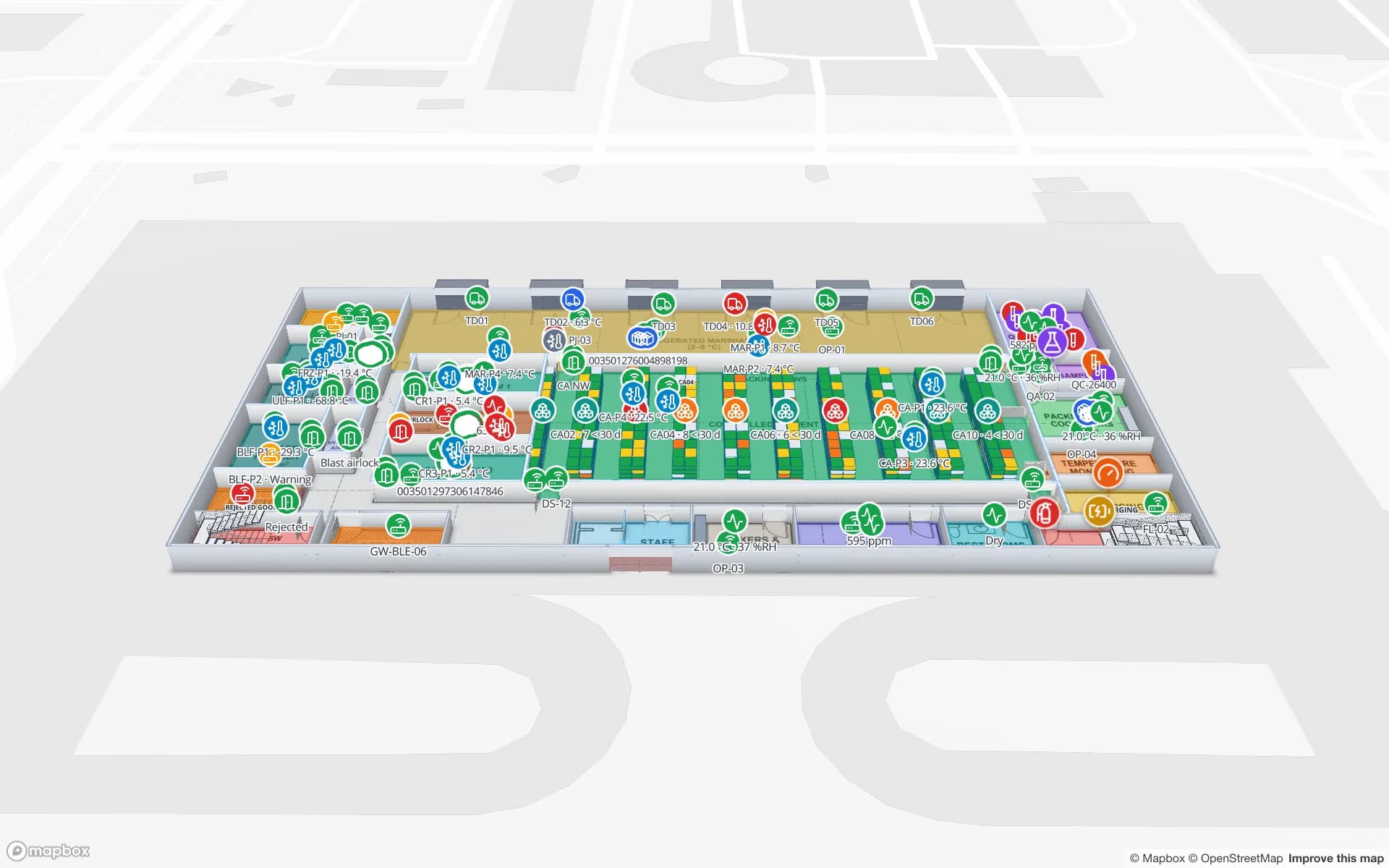 Polar Pharma — Cold Storage & QC Facility (Pharma-Kühllager & QC-Labor) im 3D-Viewer von Spatial Map mit Live-Gerätemarkern