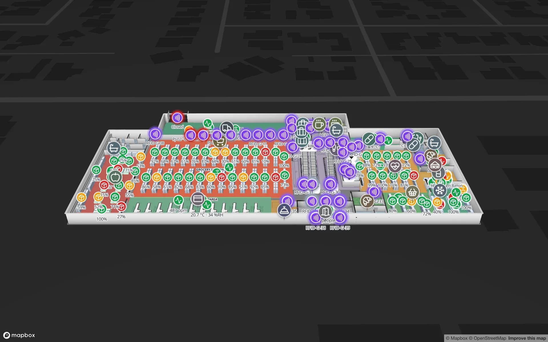 Retail Mart Store (Einzelhandel auf drei Etagen) im 3D-Viewer von Spatial Map mit Live-Gerätemarkern