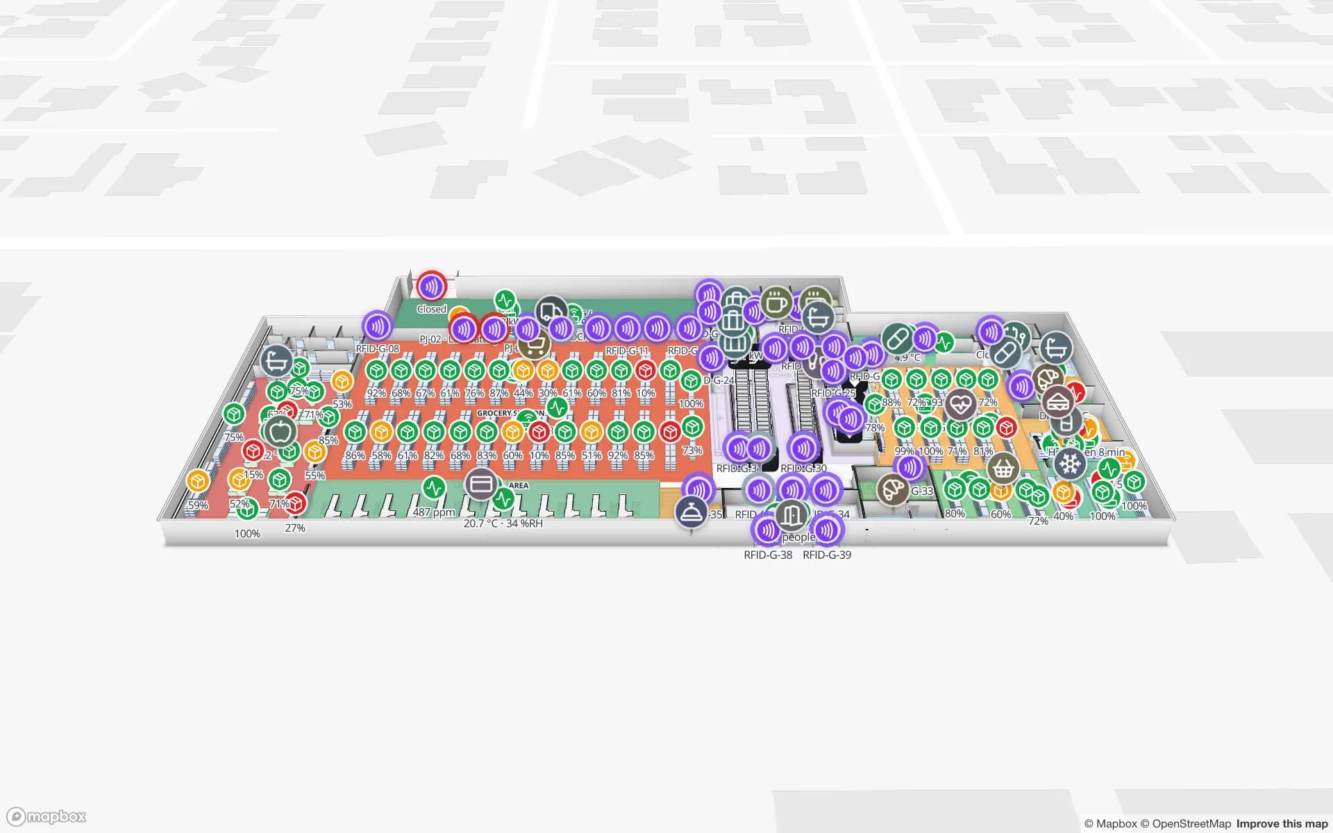 Retail Mart Store (Einzelhandel auf drei Etagen) im 3D-Viewer von Spatial Map mit Live-Gerätemarkern