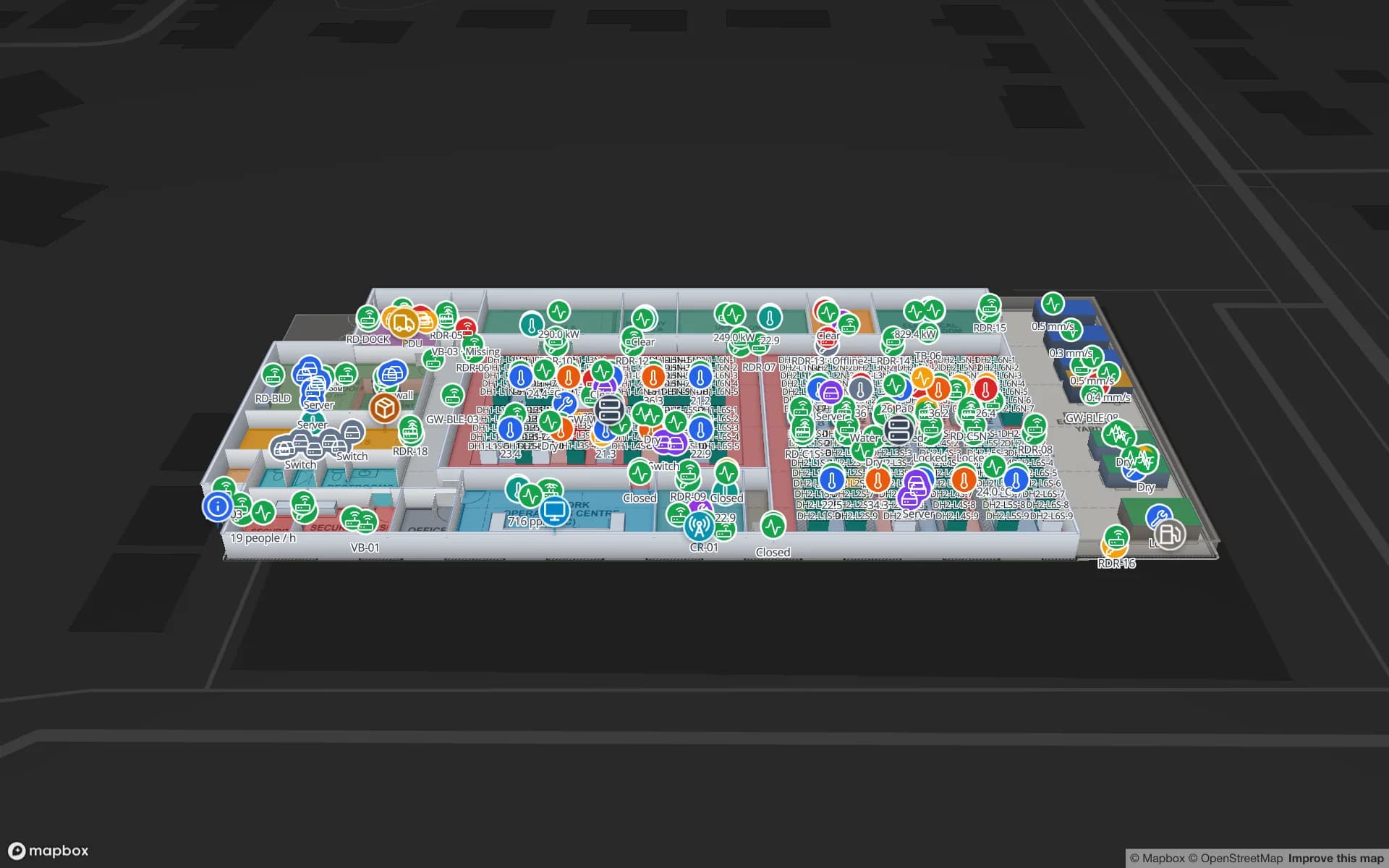 Ridgeline Data Center in the Spatial Map 3D viewer: data halls with rows of cabinets, plant rooms and live sensor and asset markers