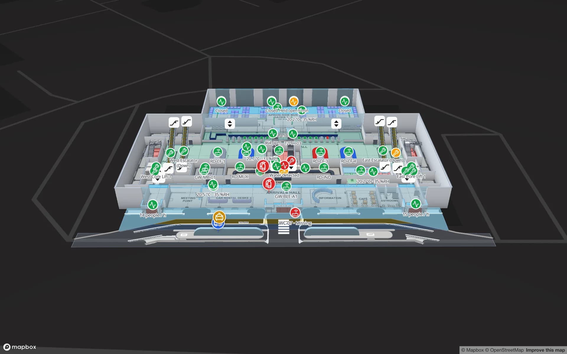 Silverbay International Airport — Terminal 2, a airport terminal demo, in the Spatial Map 3D viewer with live device markers