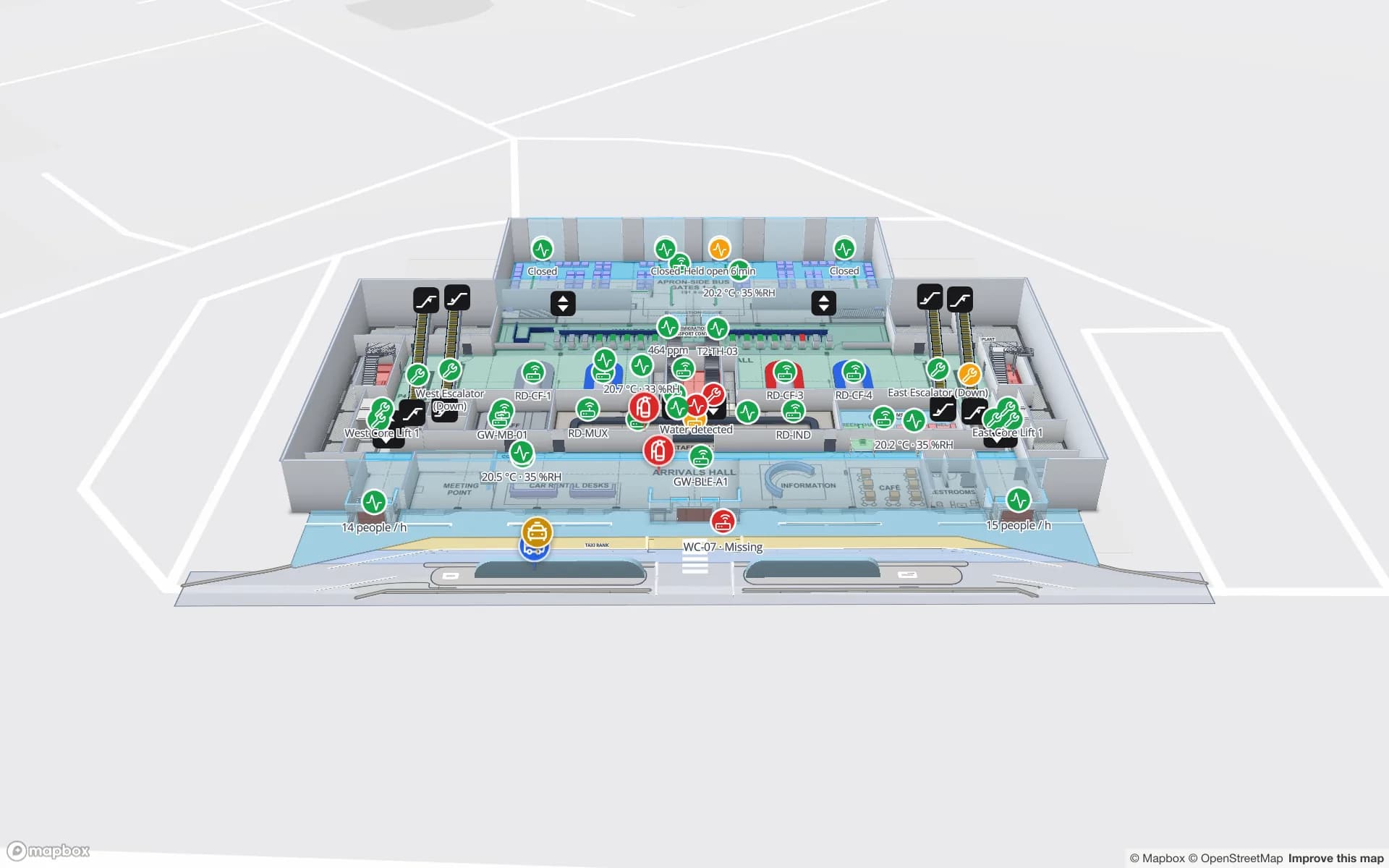Silverbay International Airport — Terminal 2, a airport terminal demo, in the Spatial Map 3D viewer with live device markers