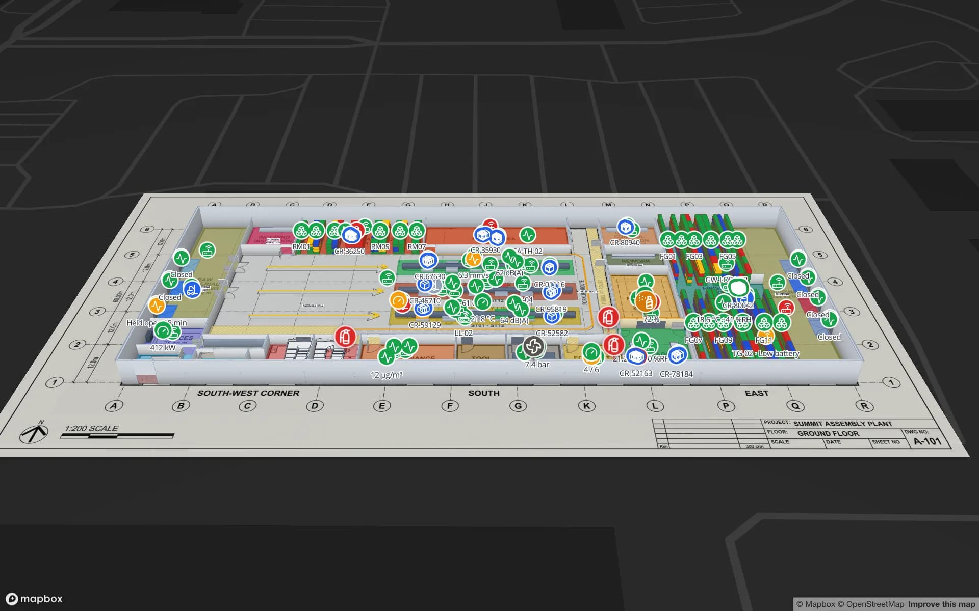 Summit Assembly Plant (Montagewerk) im 3D-Viewer von Spatial Map mit Live-Gerätemarkern