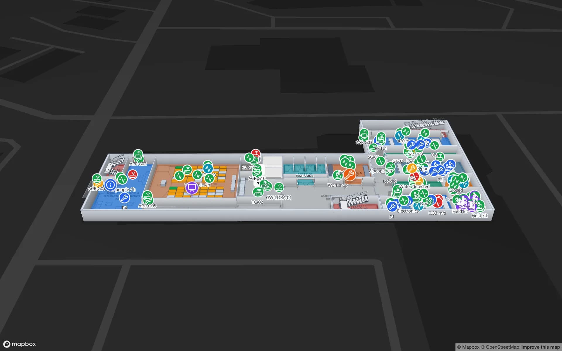 Westbrook University Science Building in the Spatial Map 3D viewer: labs and teaching rooms with live environment, equipment and access markers