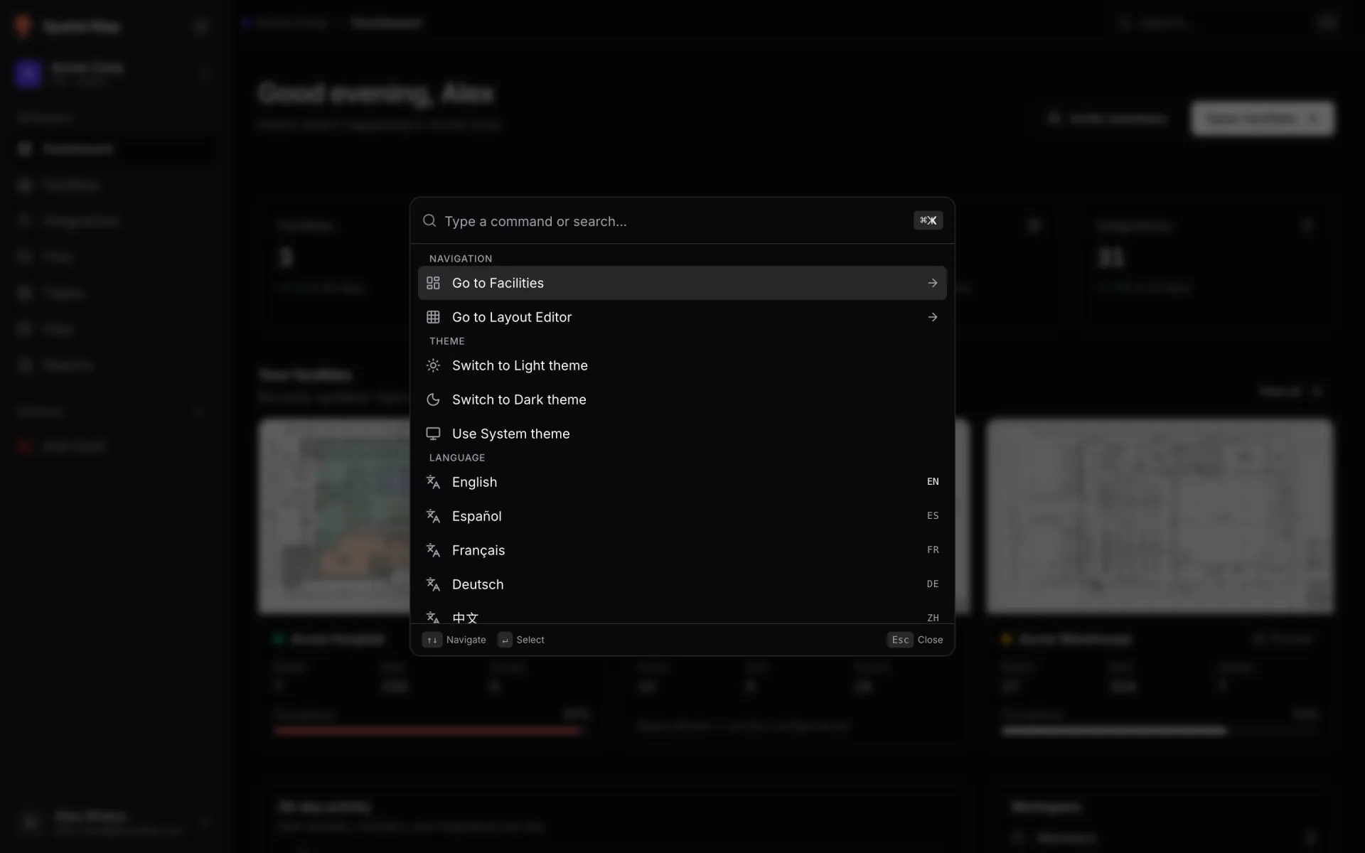 Command palette open over the Dashboard with a "Type a command or search…" field and three groups: Navigation (Go to Facilities, Go to Layout Editor), Theme (Switch to Light theme, Switch to Dark theme, Use System theme) and Language (English, Español, Français, Deutsch, 中文)