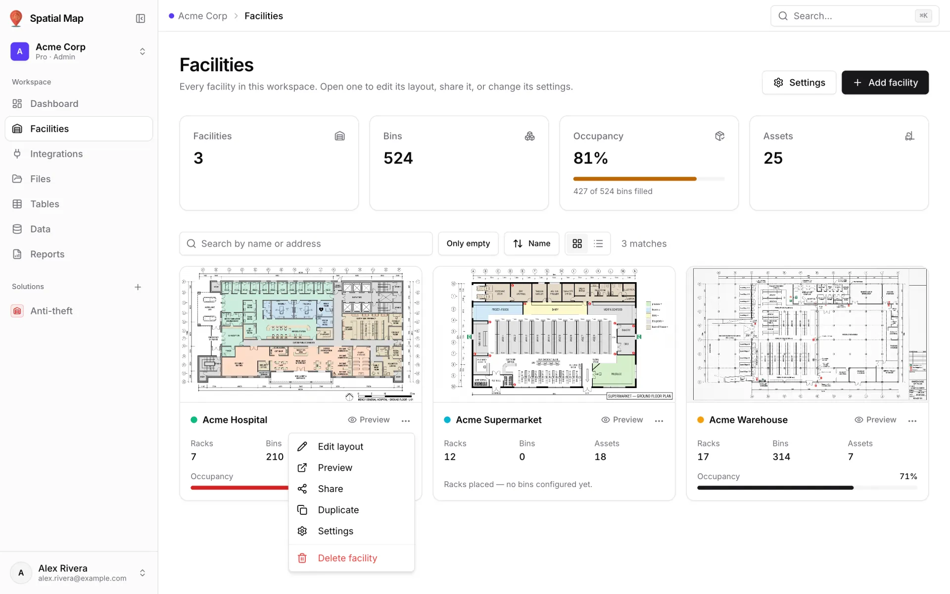 The Facilities page of Acme Corp with three facility cards, each with a Preview link, and one card's menu open showing Edit layout, Preview, Share, Duplicate, Settings and Delete facility