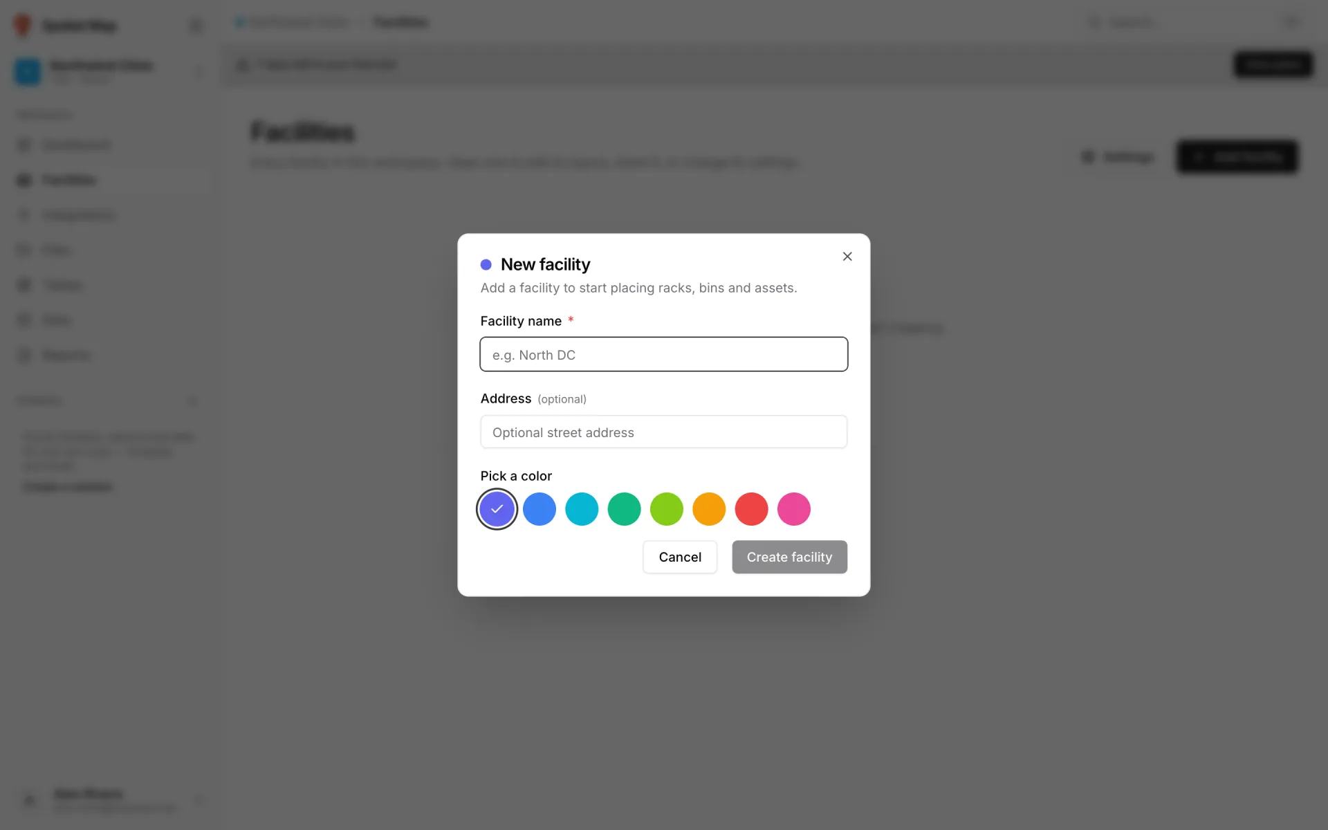 New facility dialog with an empty Facility name field (placeholder e.g. North DC), an optional Address field, eight colour swatches under Pick a color with violet selected, and Cancel and Create facility buttons
