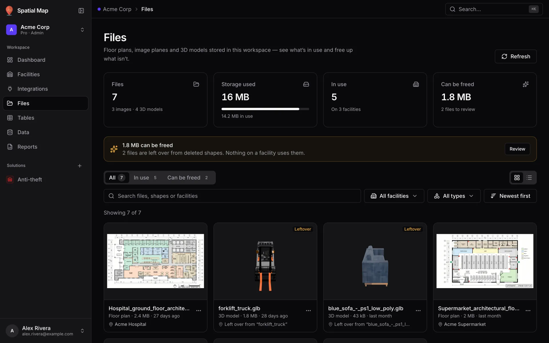 Files screen for Acme Corp: KPI cards Files 7 (3 images, 4 3D models), Storage used 16 MB, In use 5 on 3 facilities and Can be freed 1.8 MB, a "1.8 MB can be freed" notice with Review, All / In use / Can be freed tabs, facility, type and sort menus, and file cards including floor plan images, a Leftover forklift_truck.glb and the Acme Supermarket floor plan