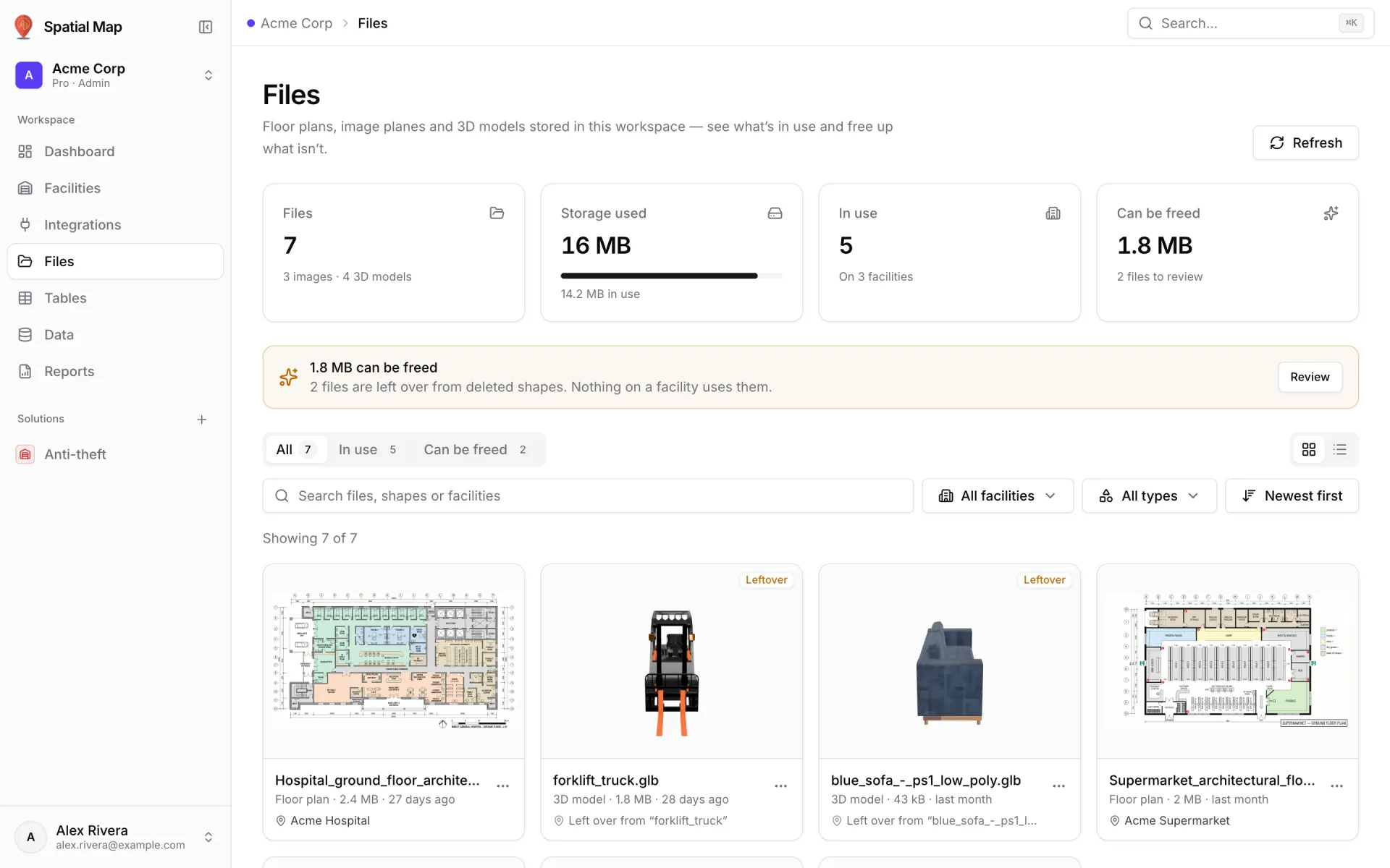 Files screen for Acme Corp: KPI cards Files 7 (3 images, 4 3D models), Storage used 16 MB, In use 5 on 3 facilities and Can be freed 1.8 MB, a "1.8 MB can be freed" notice with Review, All / In use / Can be freed tabs, facility, type and sort menus, and file cards including floor plan images, a Leftover forklift_truck.glb and the Acme Supermarket floor plan