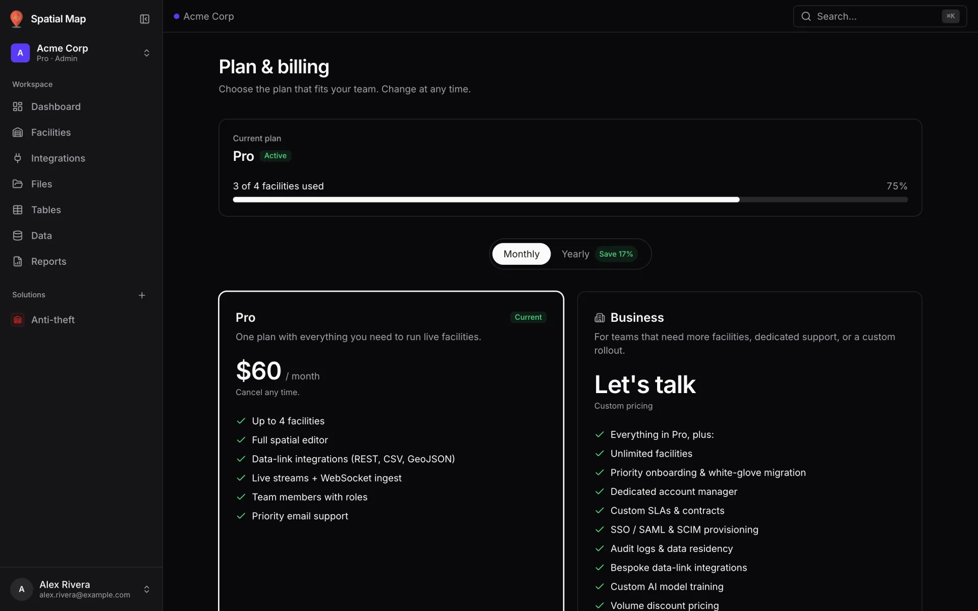 Plan & billing page for Acme Corp: Current plan Pro with an Active badge and a "3 of 4 facilities used" bar at 75%, a Monthly / Yearly switch with "Save 17%", the Pro card at $60 / month marked Current, and the Business card with "Let's talk" and custom pricing