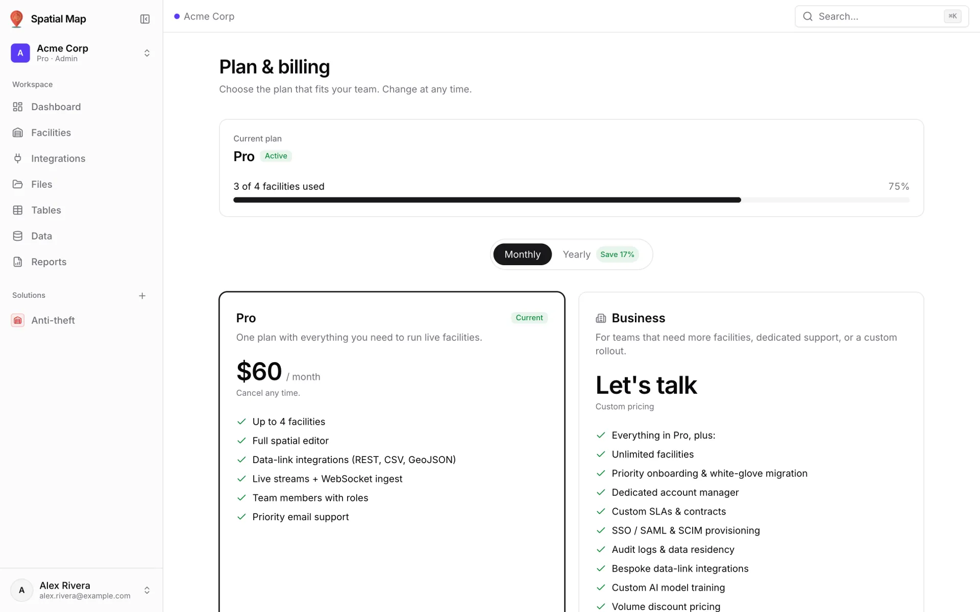 Plan & billing page for Acme Corp: Current plan Pro with an Active badge and a "3 of 4 facilities used" bar at 75%, a Monthly / Yearly switch with "Save 17%", the Pro card at $60 / month marked Current, and the Business card with "Let's talk" and custom pricing