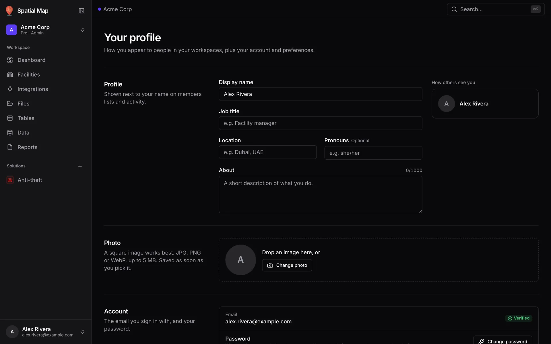 Your profile page: Display name "Alex Rivera", empty Job title, Location, Pronouns (optional) and About (0/1000) fields, a "How others see you" preview card, a Photo drop zone with a Change photo button, and the Account section showing alex.rivera@example.com with a Verified badge and a Change password button
