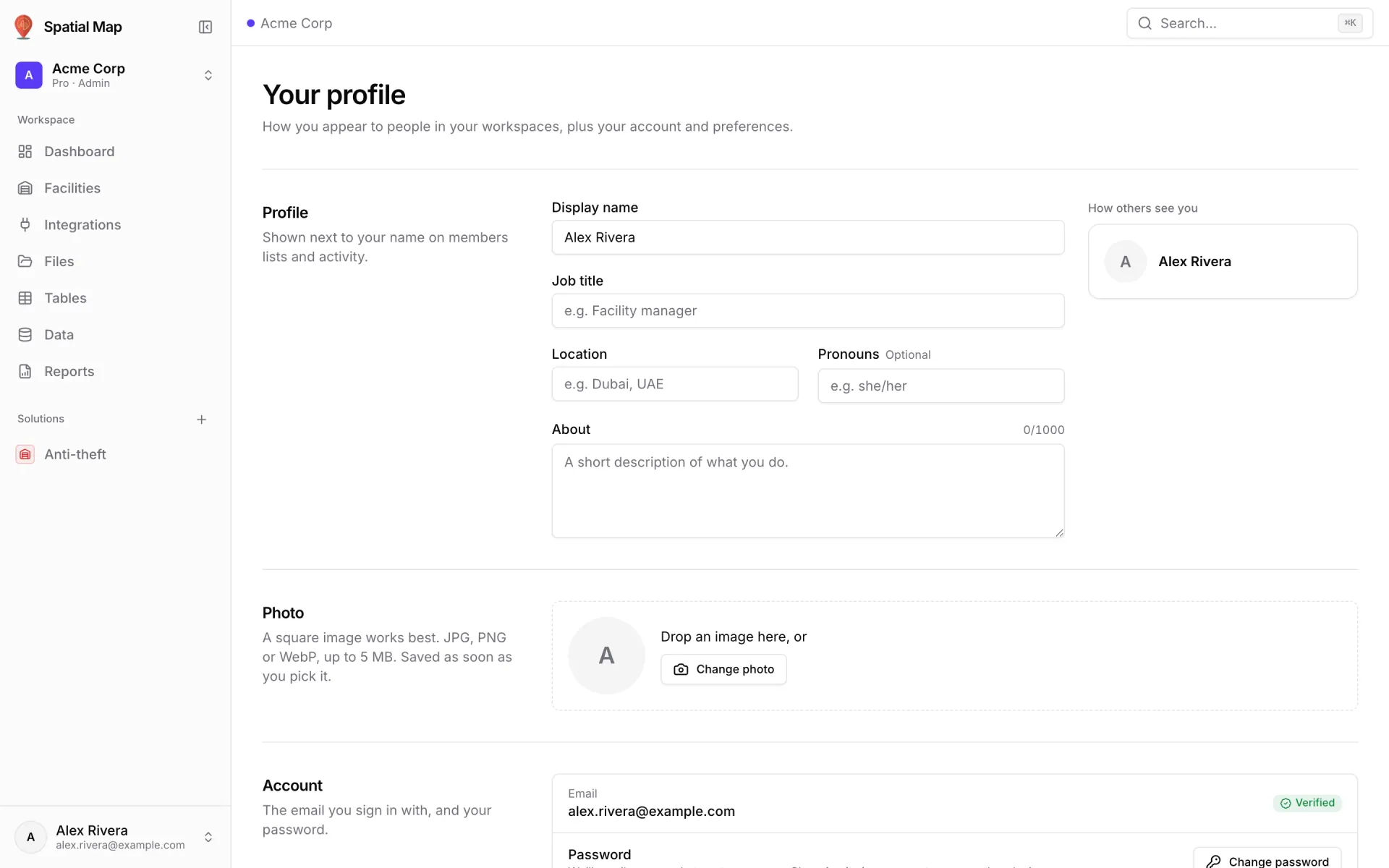 Your profile page: Display name "Alex Rivera", empty Job title, Location, Pronouns (optional) and About (0/1000) fields, a "How others see you" preview card, a Photo drop zone with a Change photo button, and the Account section showing alex.rivera@example.com with a Verified badge and a Change password button