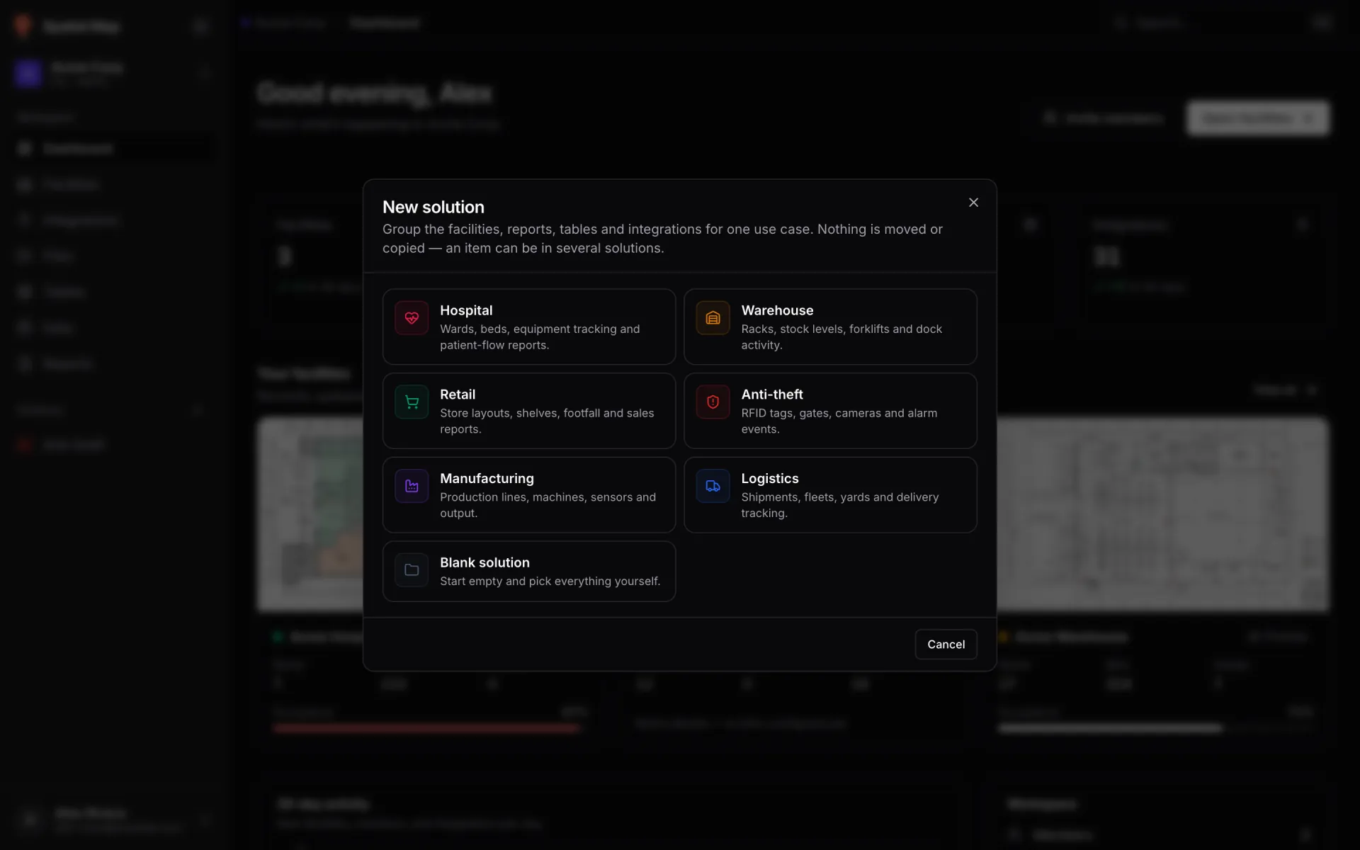 New solution dialog over the Dashboard: "Group the facilities, reports, tables and integrations for one use case. Nothing is moved or copied — an item can be in several solutions." above seven template cards, among them Warehouse, Retail, Anti-theft, Manufacturing, Logistics and Blank solution