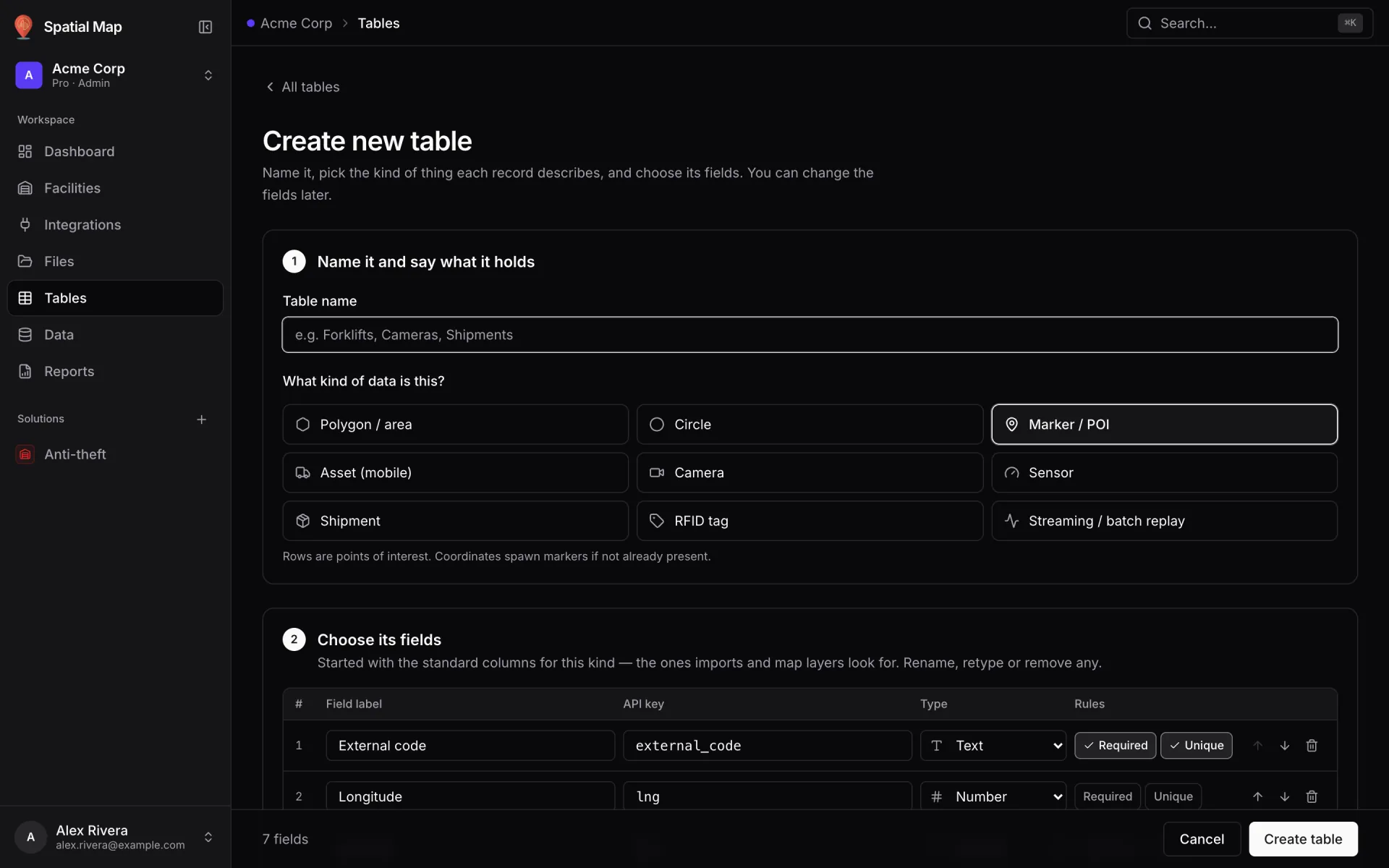 Create new table page: a Table name box, the What kind of data is this? choice from Polygon / area to RFID tag and Streaming / batch replay, and the Choose its fields list with a Field label, API key, Type and Rules column per field