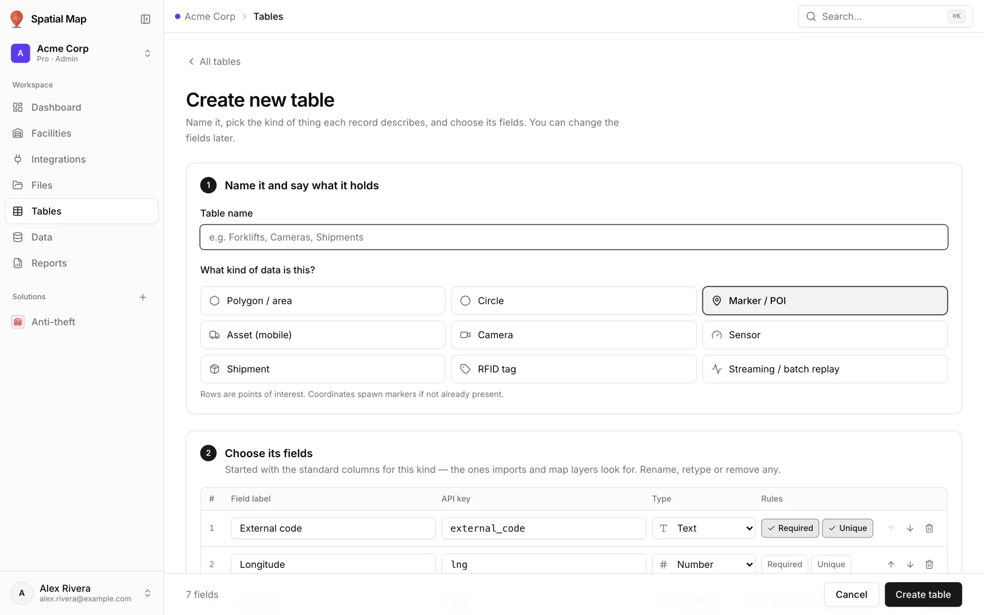 Create new table page: a Table name box, the What kind of data is this? choice from Polygon / area to RFID tag and Streaming / batch replay, and the Choose its fields list with a Field label, API key, Type and Rules column per field