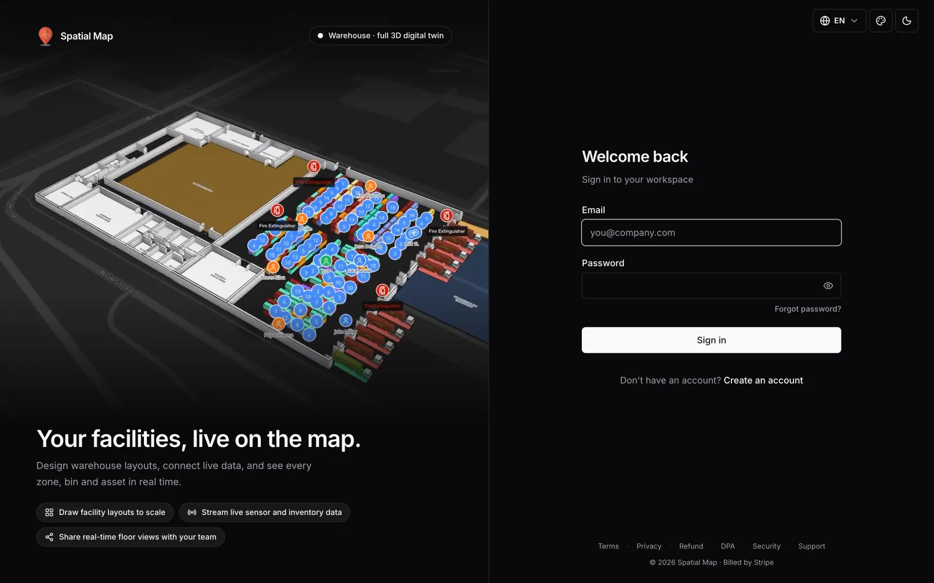 Spatial Map sign-in page titled "Welcome back" with Email and Password fields, an eye button to show the password, a "Forgot password?" link, a Sign in button and a "Create an account" link