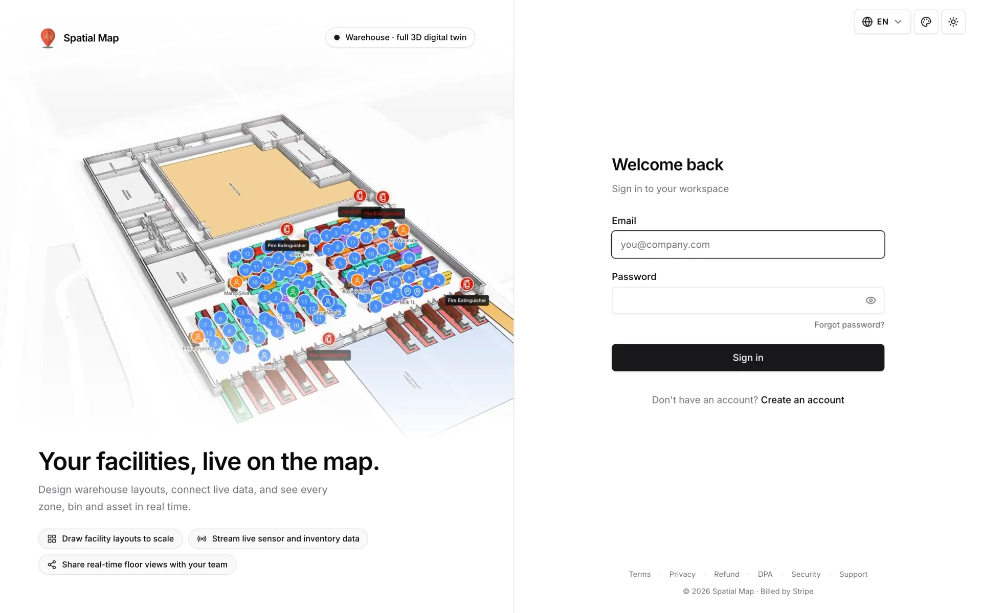 Spatial Map sign-in page titled "Welcome back" with Email and Password fields, an eye button to show the password, a "Forgot password?" link, a Sign in button and a "Create an account" link