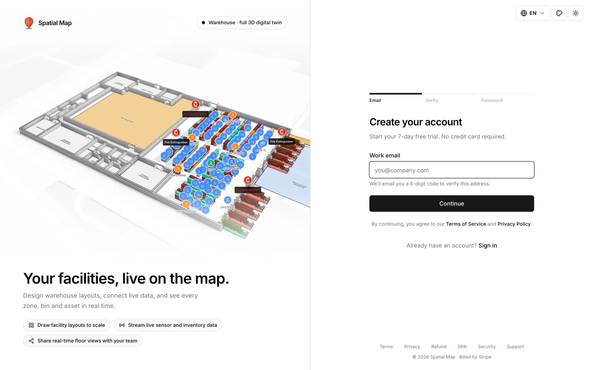 Create your account page with the Email, Verify and Password progress bar, a Work email field with the hint "We'll email you a 6-digit code to verify this address.", a Continue button and an "Already have an account? Sign in" link