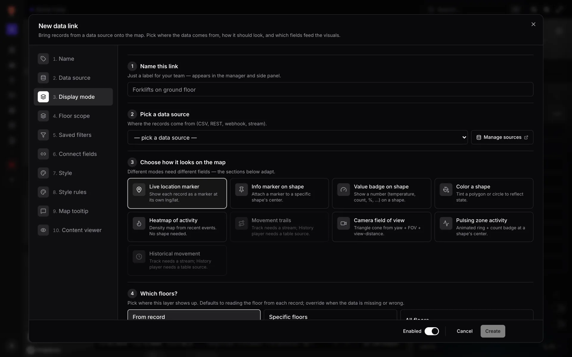 New data link dialog: a name, a data source and display modes including live location marker, color a shape, pulsing zone activity and camera field of view, then which floors it shows on