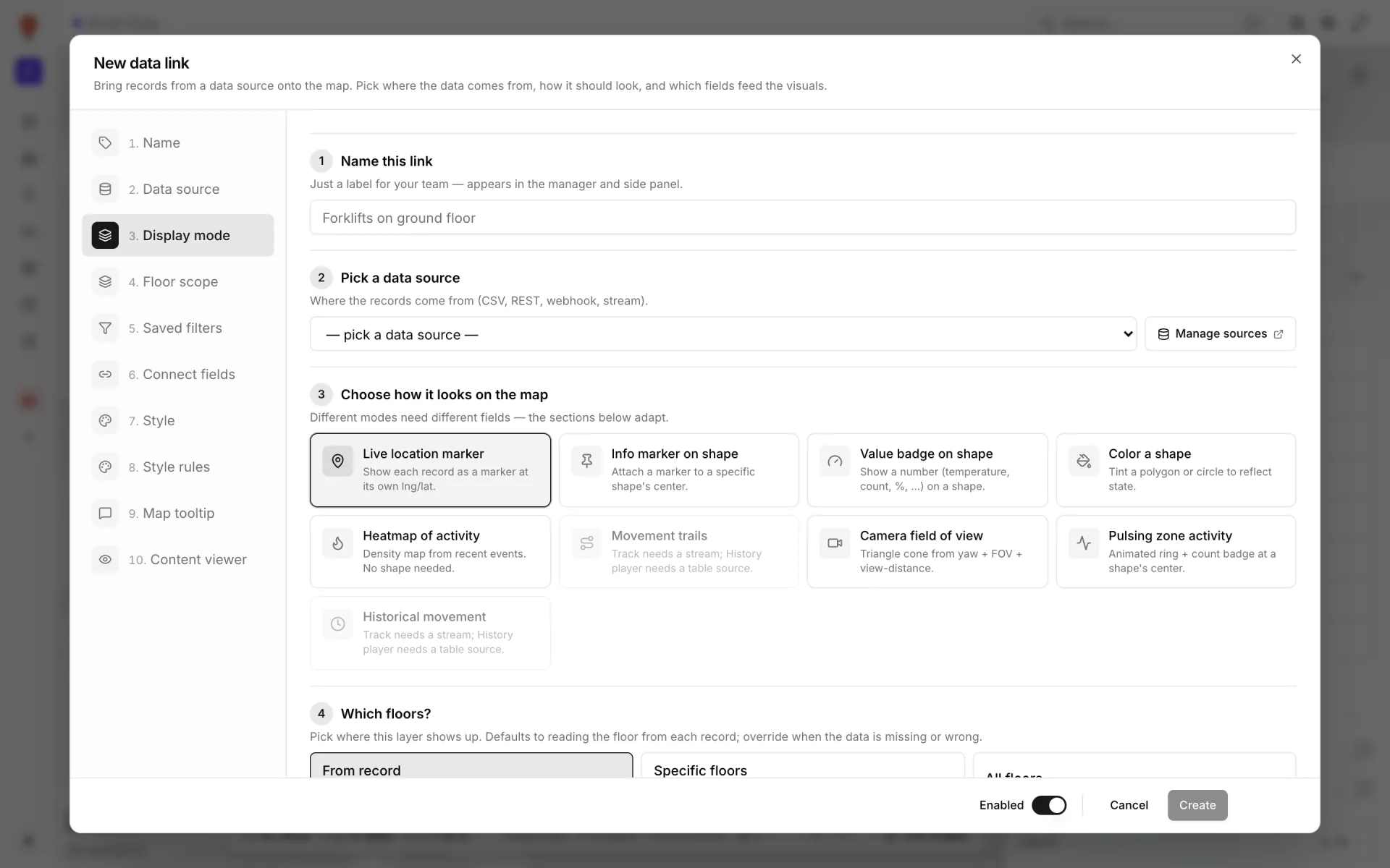 New data link dialog: a name, a data source and display modes including live location marker, color a shape, pulsing zone activity and camera field of view, then which floors it shows on