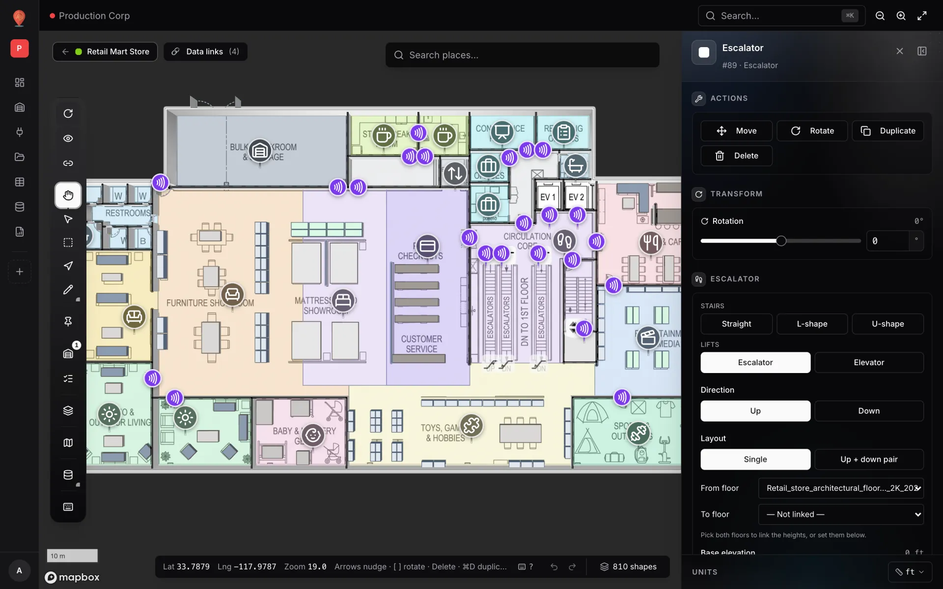 The Retail Mart Store in the editor with an escalator selected. The side panel shows Actions, Transform with Rotation, and the Escalator section with the Stairs and Lifts pickers (Escalator active), Direction Up or Down, Layout Single or Up + down pair, and the From floor and To floor dropdowns with the hint "Pick both floors to link the heights, or set them below."