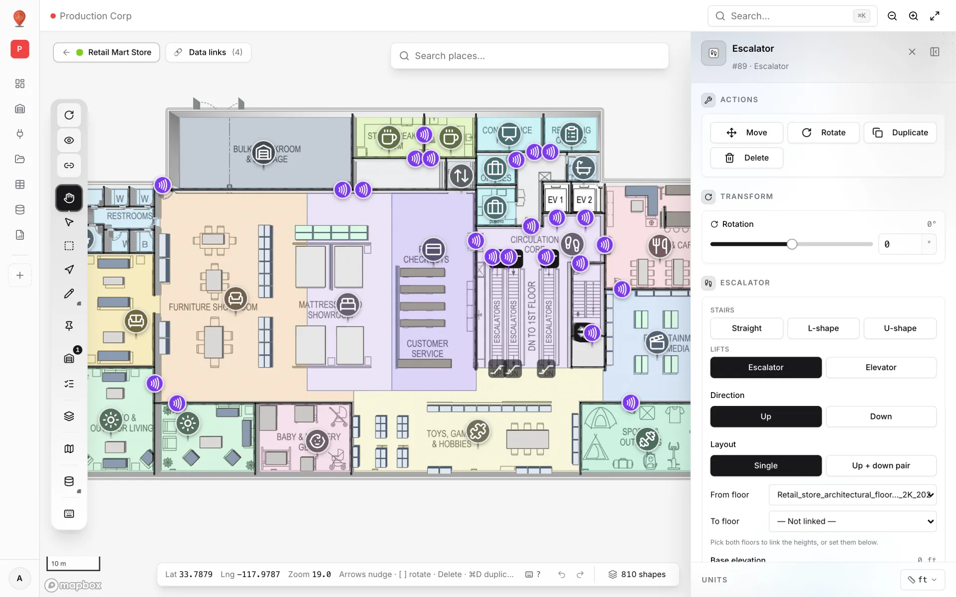 The Retail Mart Store in the editor with an escalator selected. The side panel shows Actions, Transform with Rotation, and the Escalator section with the Stairs and Lifts pickers (Escalator active), Direction Up or Down, Layout Single or Up + down pair, and the From floor and To floor dropdowns with the hint "Pick both floors to link the heights, or set them below."