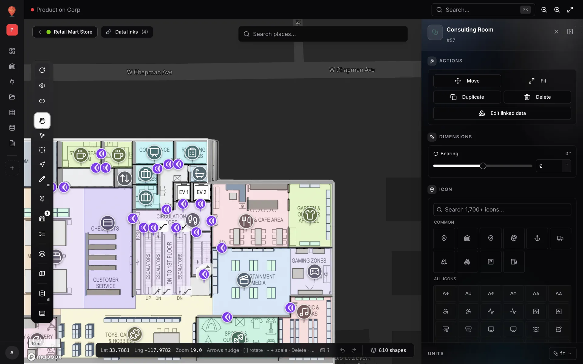 Retail Mart Store editor with the marker Consulting Room selected; the side panel shows Move, Fit, Duplicate, Delete and Edit linked data actions, a Bearing slider and an icon picker with search across 1,700+ icons, while violet reader markers surround the lifts and escalators