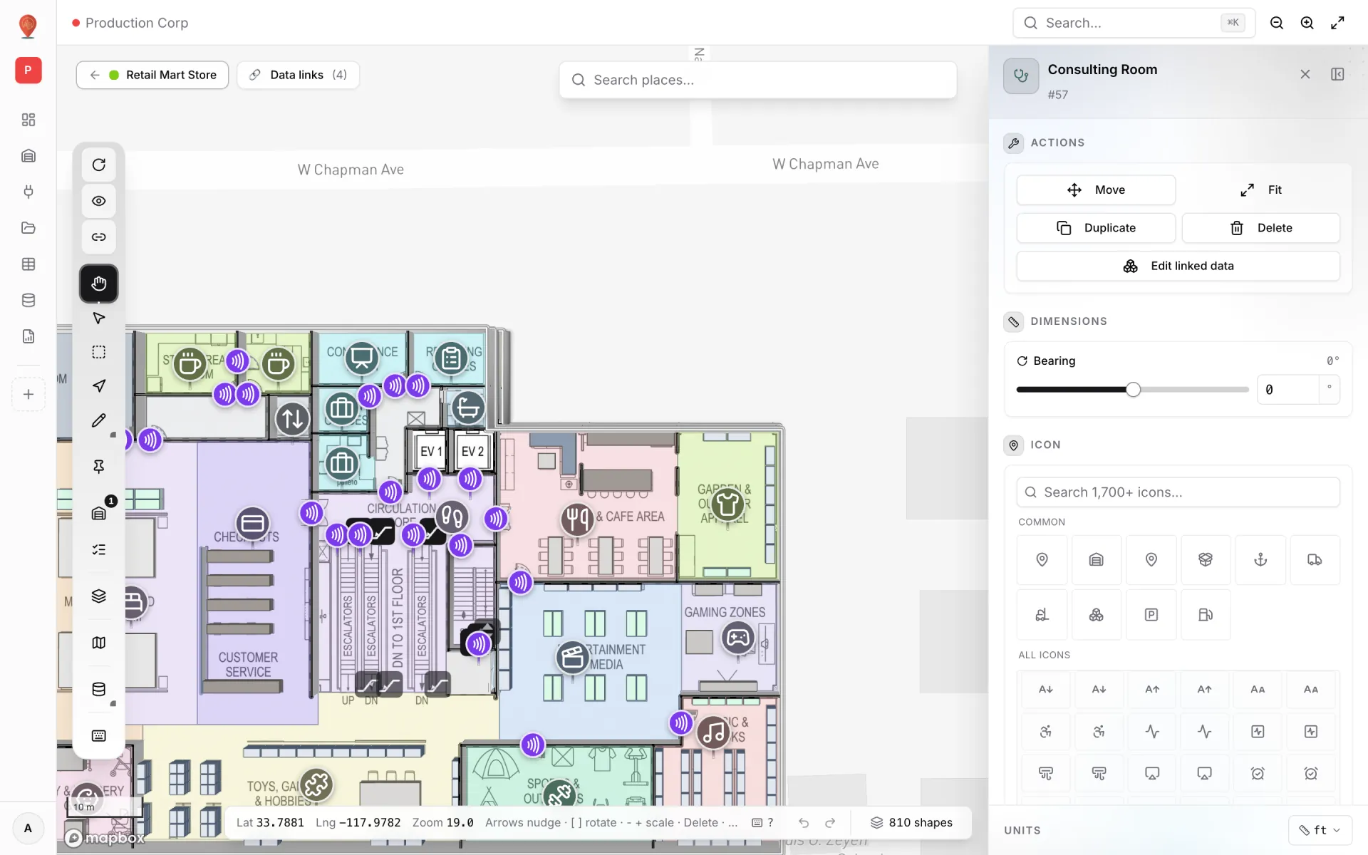 Retail Mart Store editor with the marker Consulting Room selected; the side panel shows Move, Fit, Duplicate, Delete and Edit linked data actions, a Bearing slider and an icon picker with search across 1,700+ icons, while violet reader markers surround the lifts and escalators